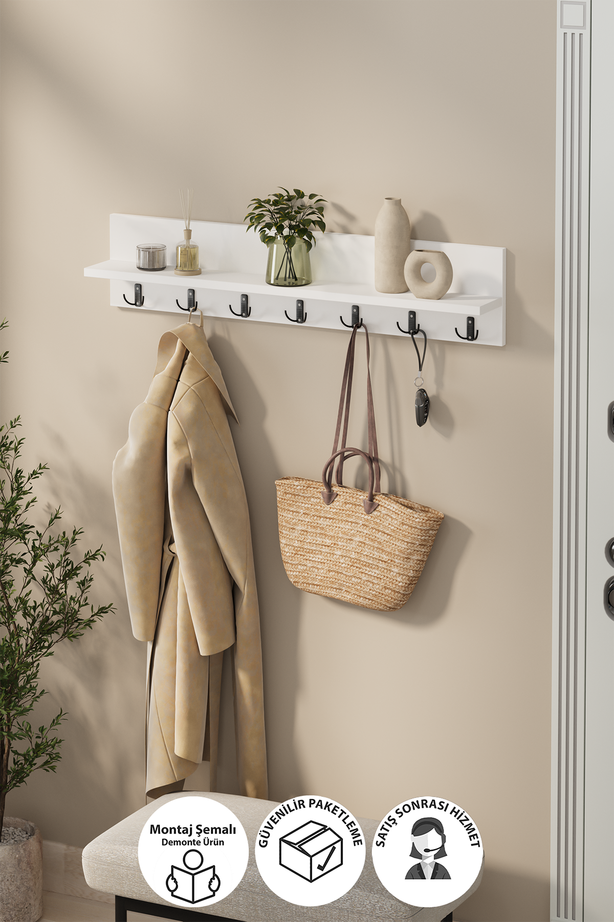 Bofigo Portmanto Duvar Askılığı Elbise Askılığı Yıldız Beyaz 91 Cm