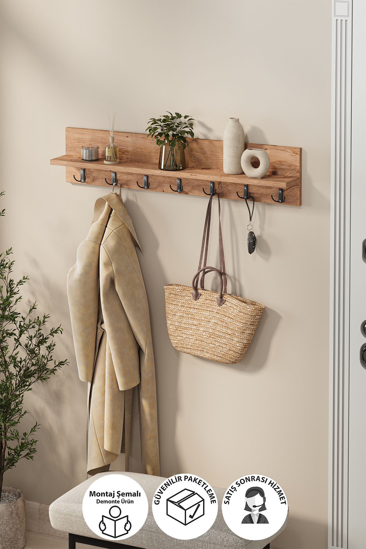 Bofigo Portmanto Duvar Askılığı Elbise Askılığı Yıldız Çam 91 Cm 