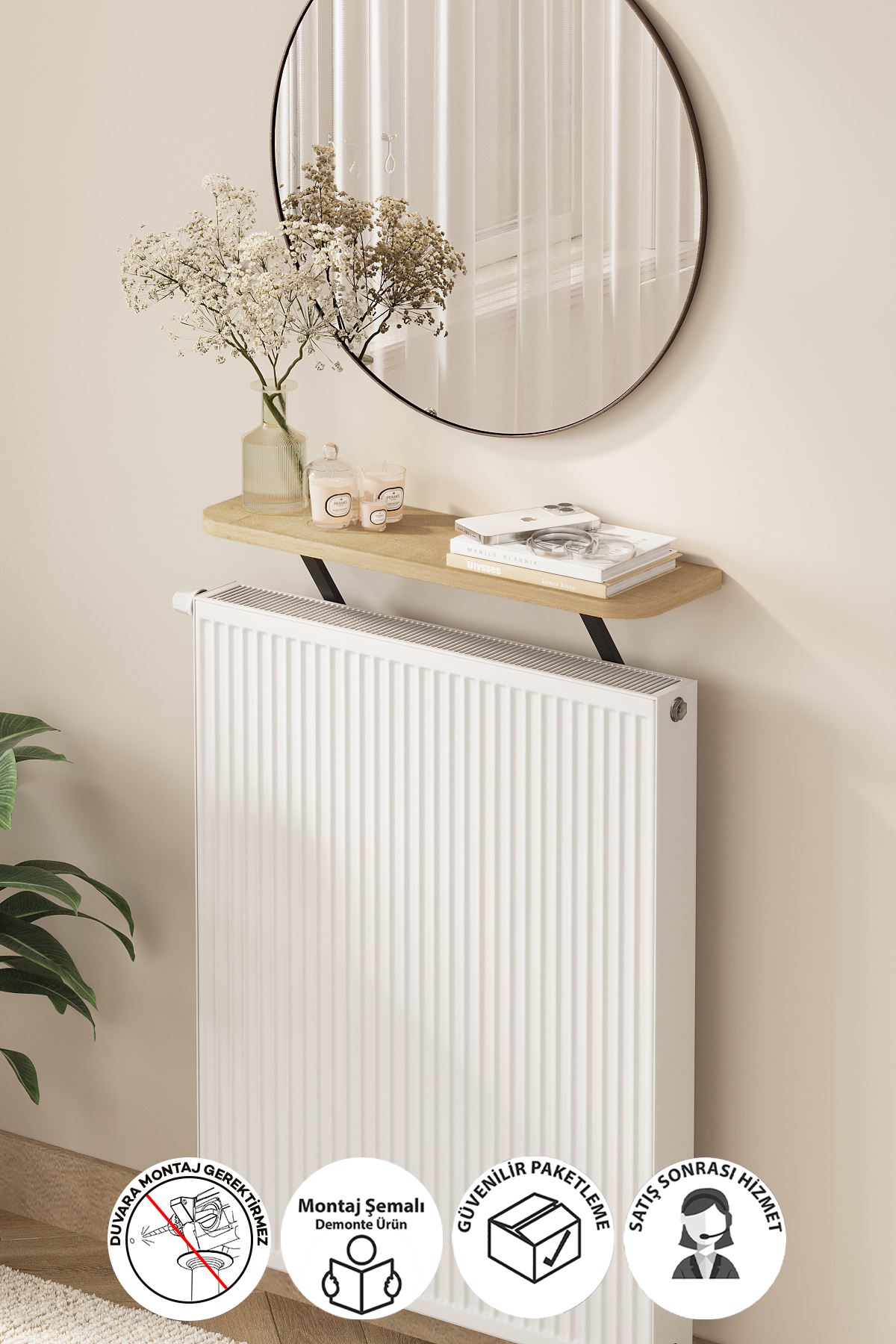 Bofigo Petek Üstü Raf Kalorifer Peteği Rafı Duvar Rafı Uçan Raf Dresuar 60 Cm Barcelona Safir Meşe