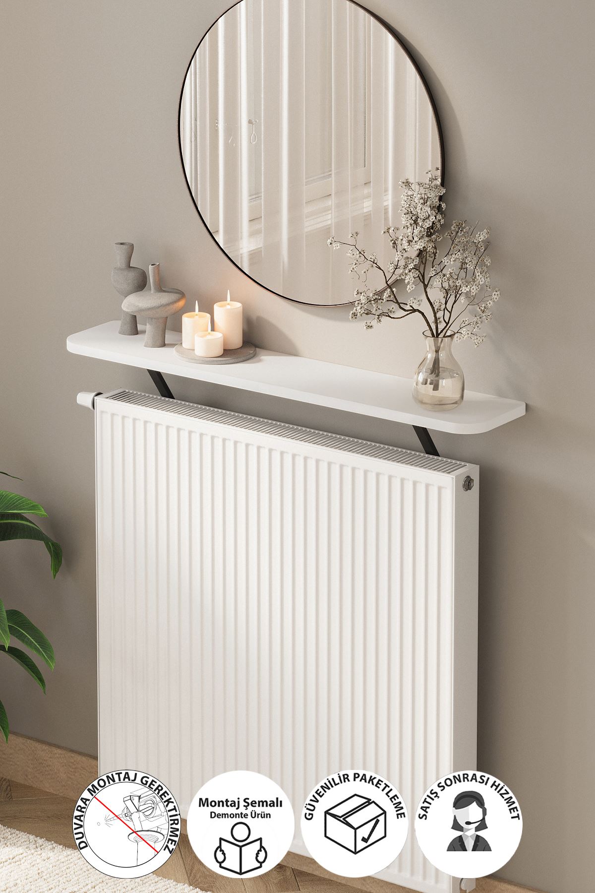 Bofigo Petek Üstü Raf Kalorifer Peteği Rafı Duvar Rafı Uçan Raf Dresuar 91 Cm Tokyo Beyaz