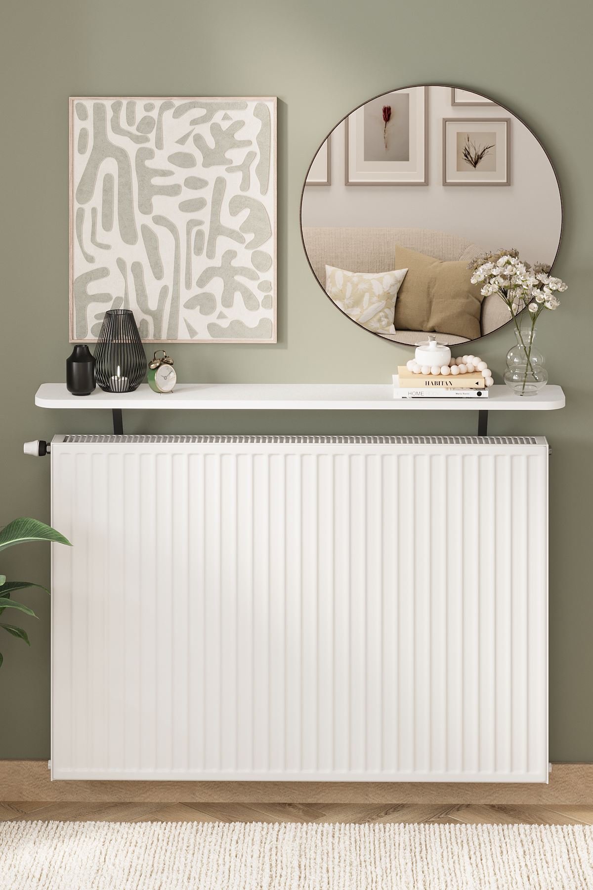 Bofigo Petek Üstü Raf Kalorifer Peteği Rafı Duvar Rafı Uçan Raf Dresuar 120 Cm Berlin Beyaz