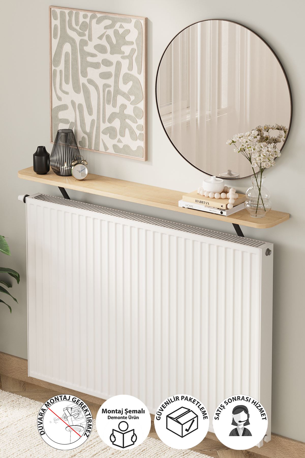 Bofigo Petek Üstü Raf Kalorifer Peteği Rafı Duvar Rafı Uçan Raf Dresuar 120 Cm Berlin Safir Meşe