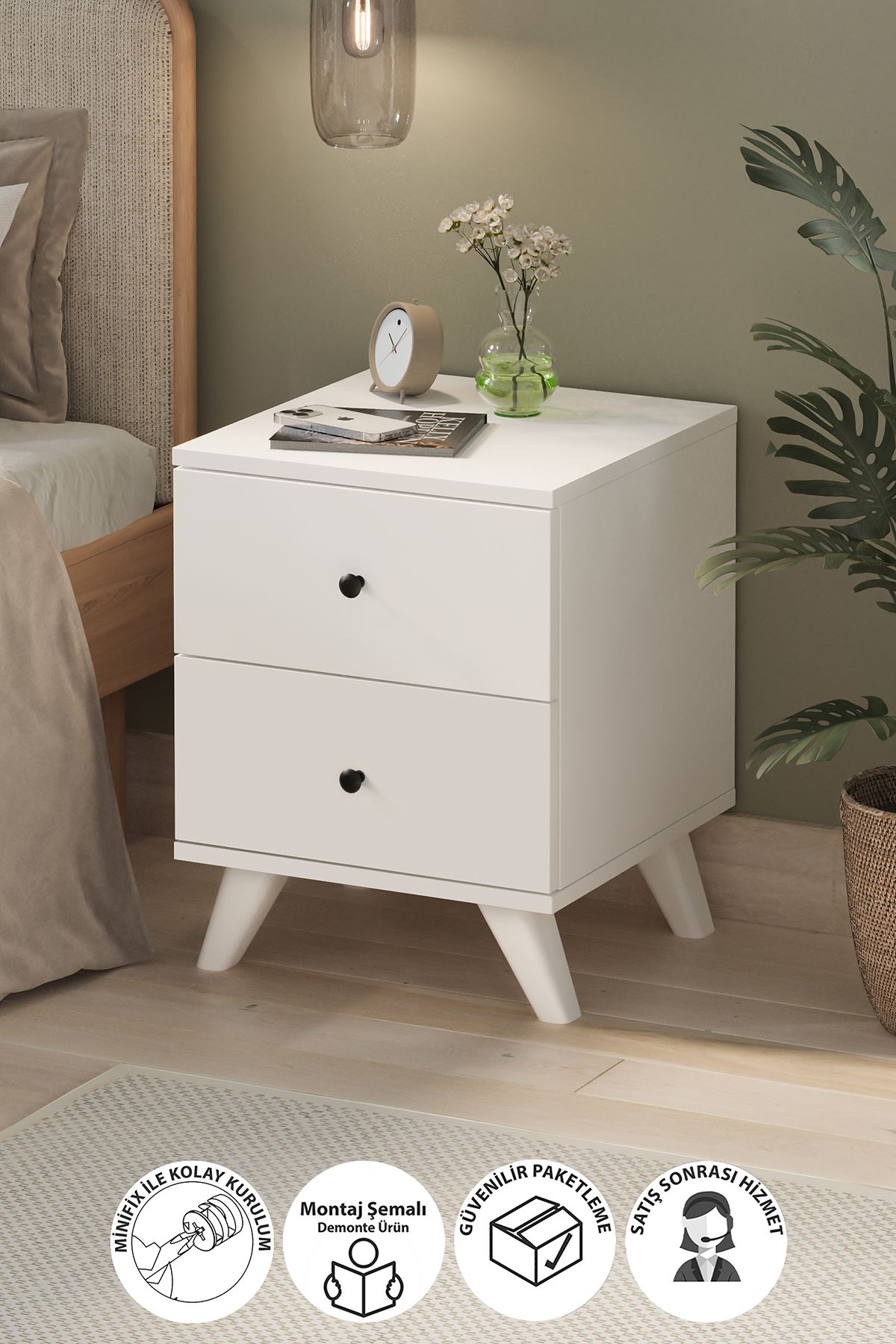 Bofigo 2 Çekmeceli Komodin Yatak Odası Baş Ucu Komodin Yan Sehpa Tinos Beyaz