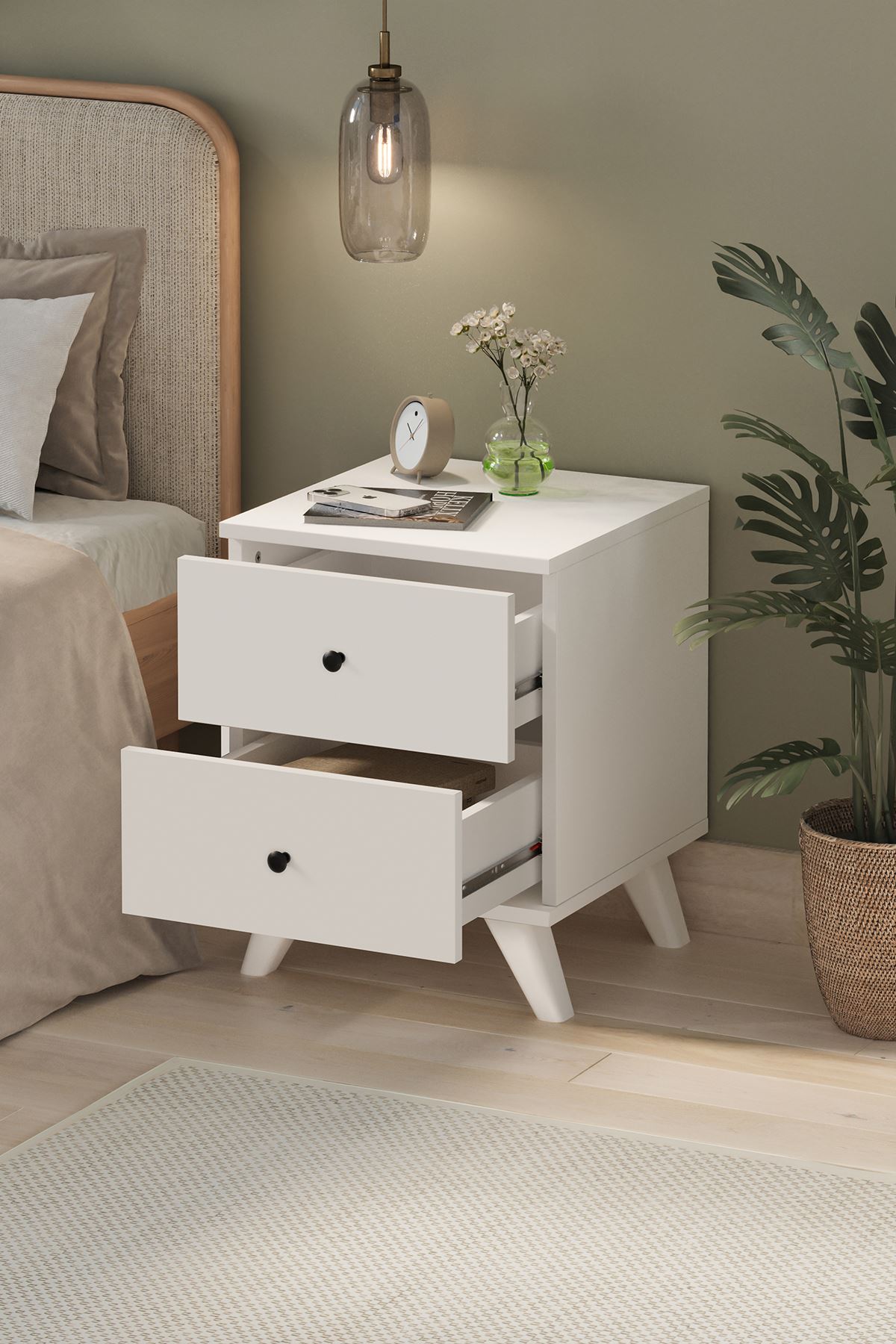 Bofigo 2 Çekmeceli Komodin Yatak Odası Baş Ucu Komodin Yan Sehpa Tinos Beyaz