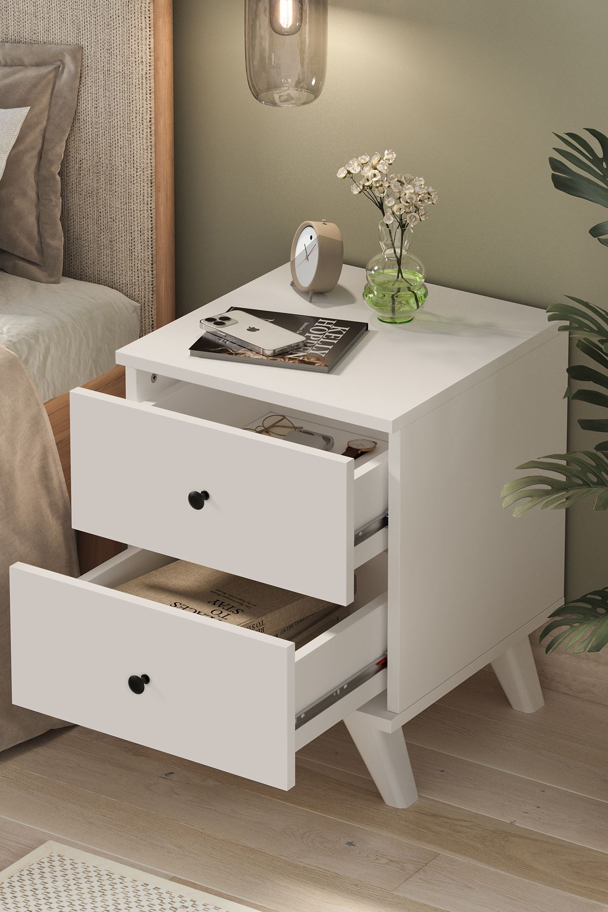 Bofigo 2 Çekmeceli Komodin Yatak Odası Baş Ucu Komodin Yan Sehpa Tinos Beyaz