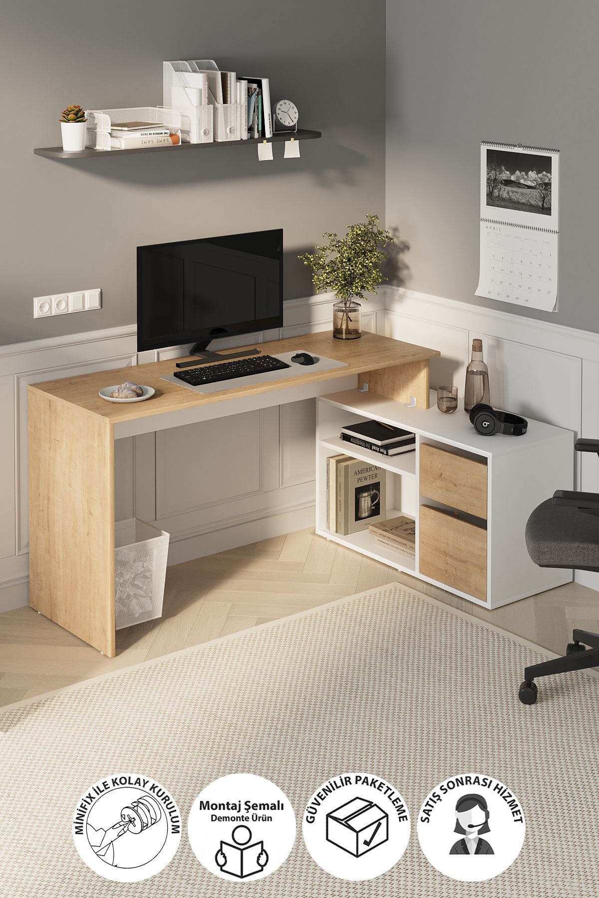 Bofigo Çalışma Masası Fonksiyonel Çalışma Masası Ofis Masası Safir Meşe-Beyaz