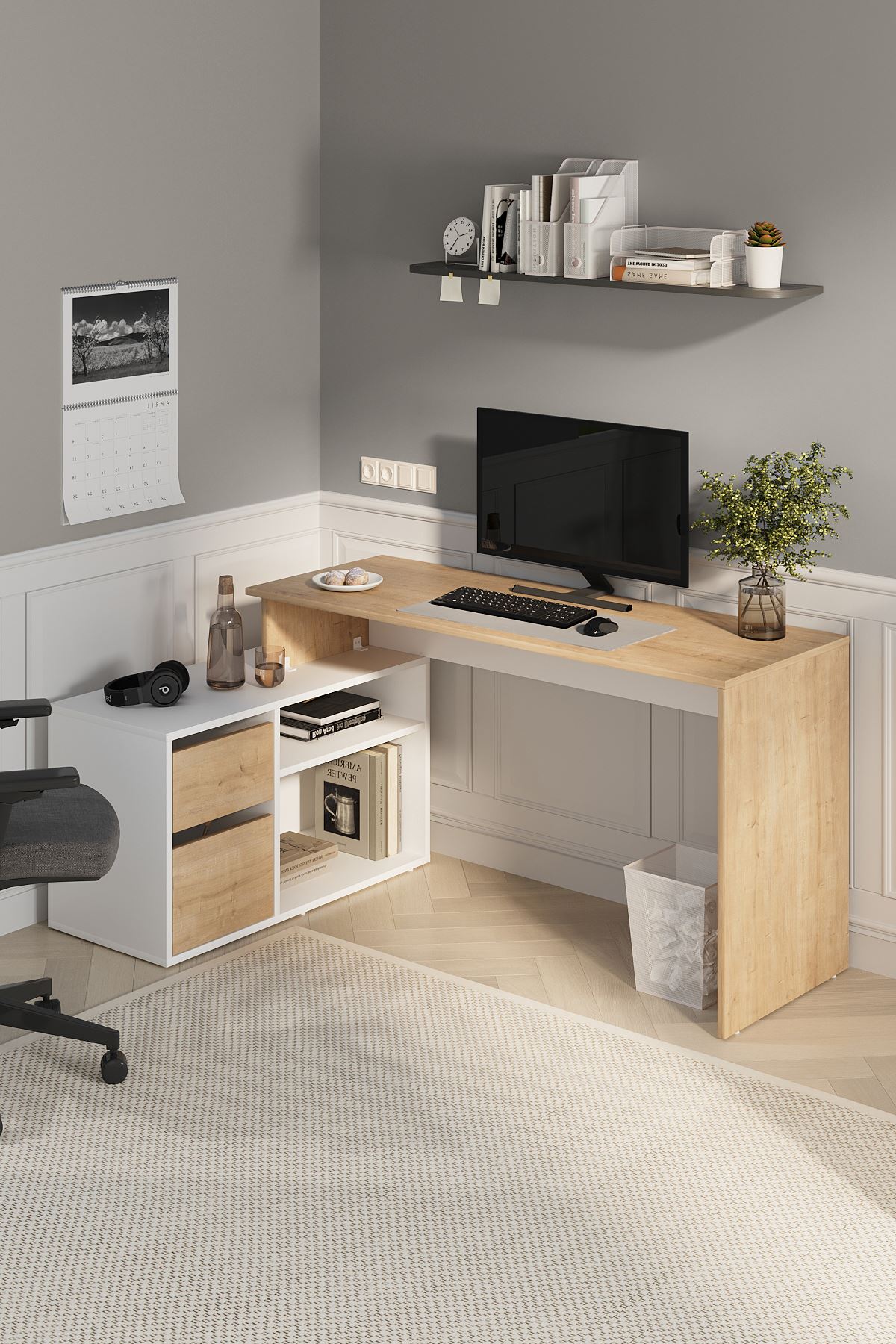 Bofigo Çalışma Masası Fonksiyonel Çalışma Masası Ofis Masası Safir Meşe-Beyaz