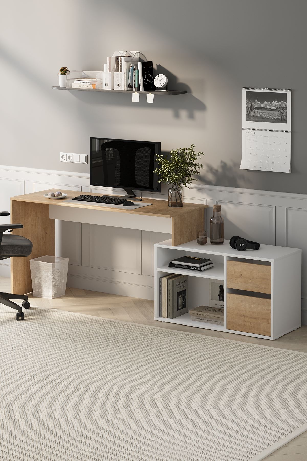 Bofigo Çalışma Masası Fonksiyonel Çalışma Masası Ofis Masası Safir Meşe-Beyaz