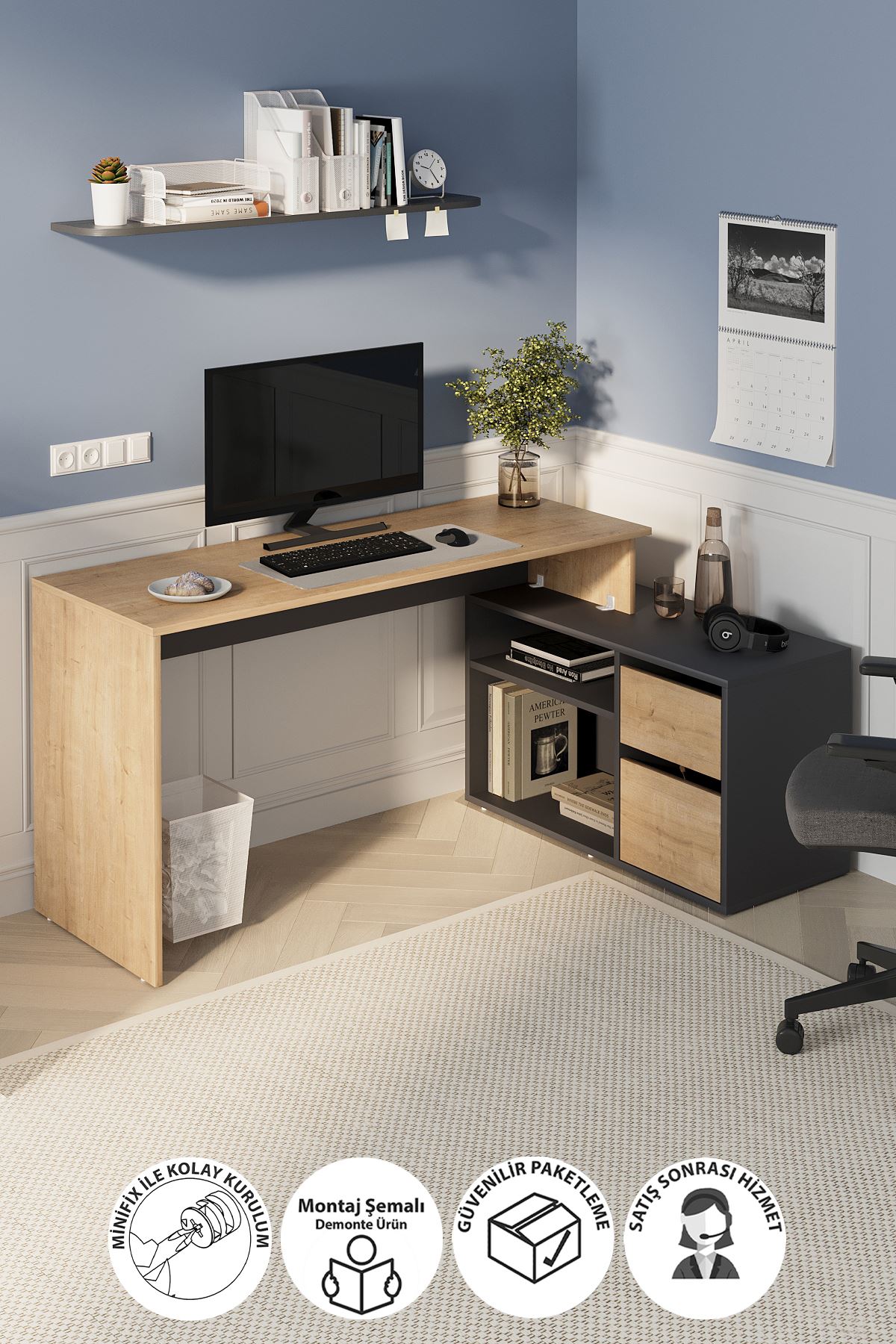 Bofigo Çalışma Masası Fonksiyonel Çalışma Masası Ofis Masası Safir Meşe-Antrasit