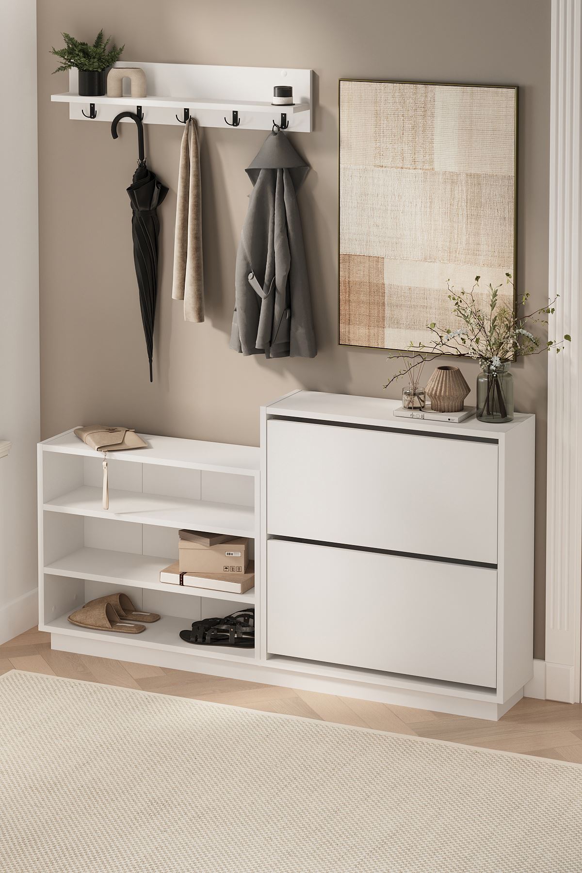 Bofigo Ayakkabılık ve Portmanto Askılık Seti Düşer Kapak Ayakkabılık Elbise Askılığı Serap & Vega Beyaz