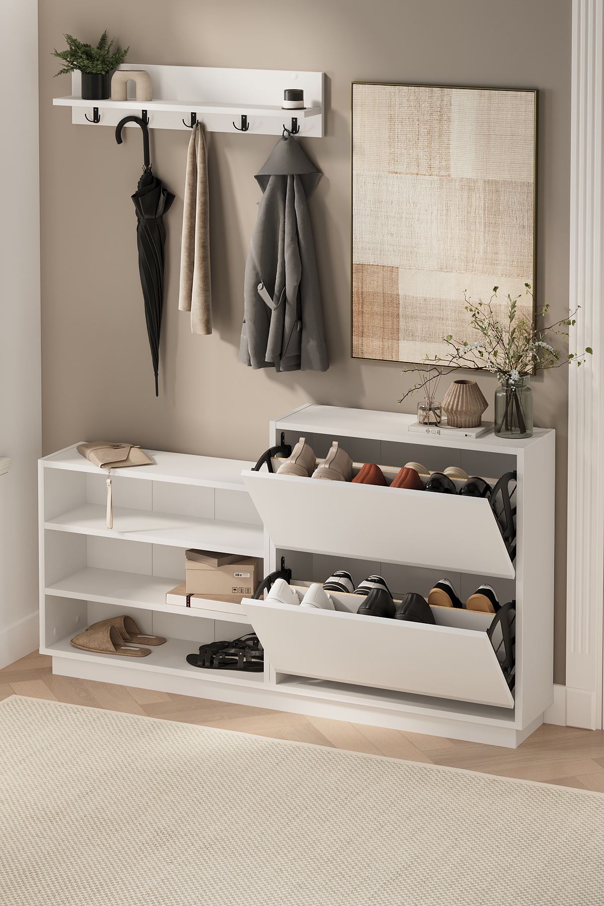 Bofigo Ayakkabılık ve Portmanto Askılık Seti Düşer Kapak Ayakkabılık Elbise Askılığı Serap & Vega Beyaz