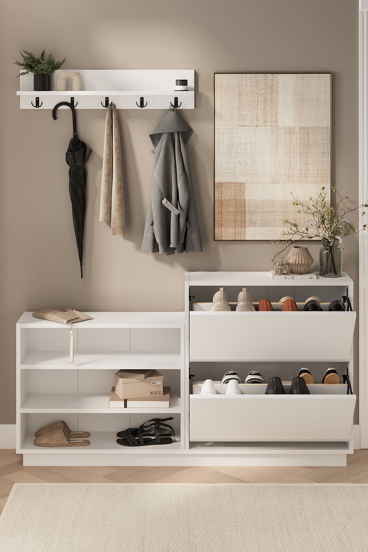 Bofigo Ayakkabılık ve Portmanto Askılık Seti Düşer Kapak Ayakkabılık Elbise Askılığı Serap & Vega Beyaz