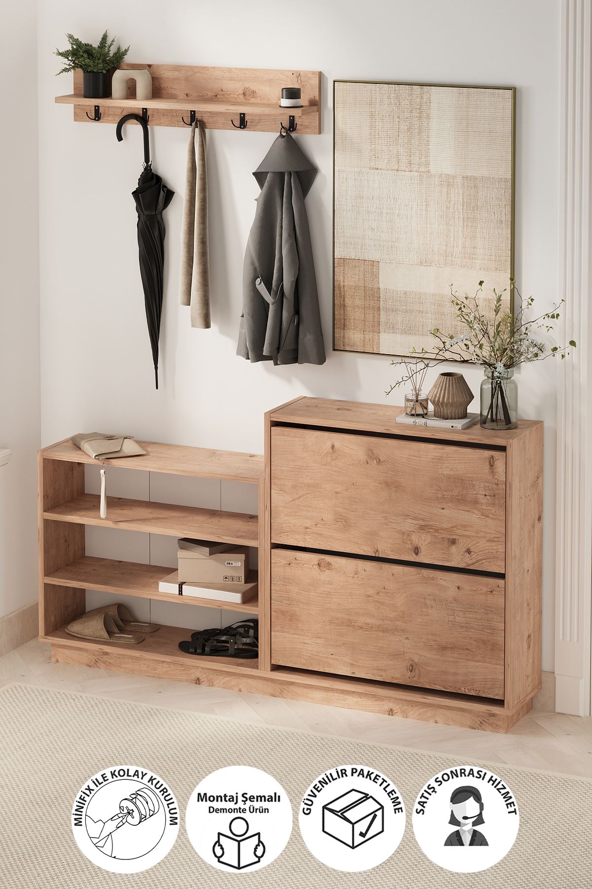 Bofigo Ayakkabılık ve Portmanto Askılık Seti Düşer Kapak Ayakkabılık Elbise Askılığı Serap & Vega Çam