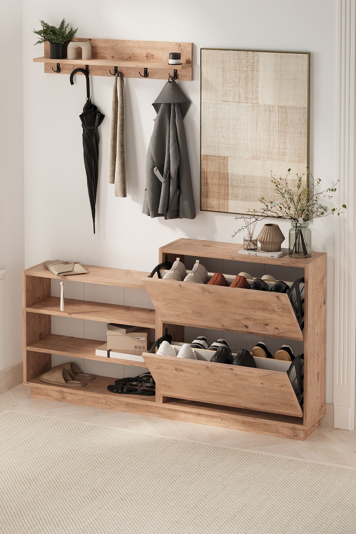 Bofigo Ayakkabılık ve Portmanto Askılık Seti Düşer Kapak Ayakkabılık Elbise Askılığı Serap & Vega Çam