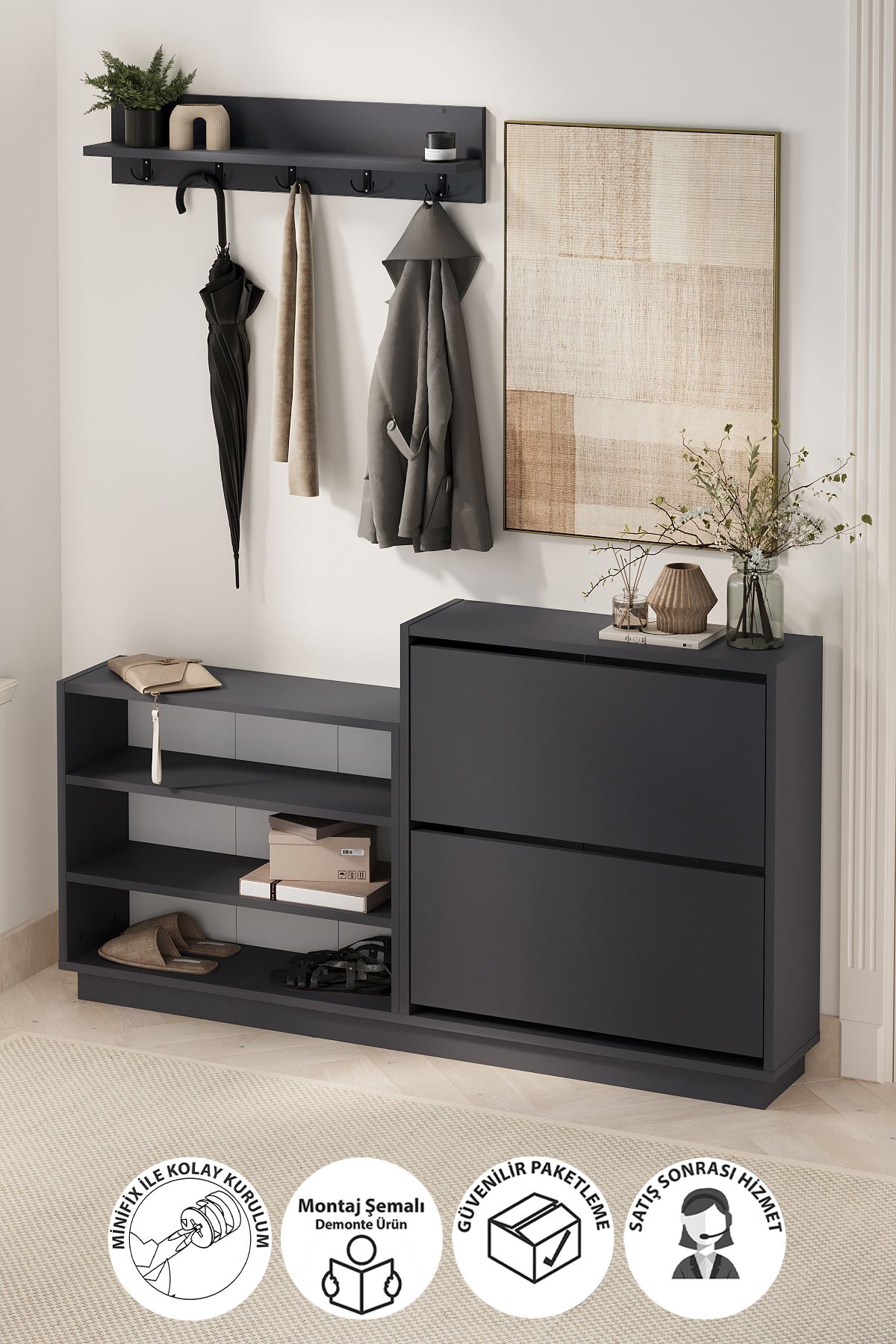 Bofigo Ayakkabılık ve Portmanto Askılık Seti Düşer Kapak Ayakkabılık Elbise Askılığı Serap & Vega Antrasit
