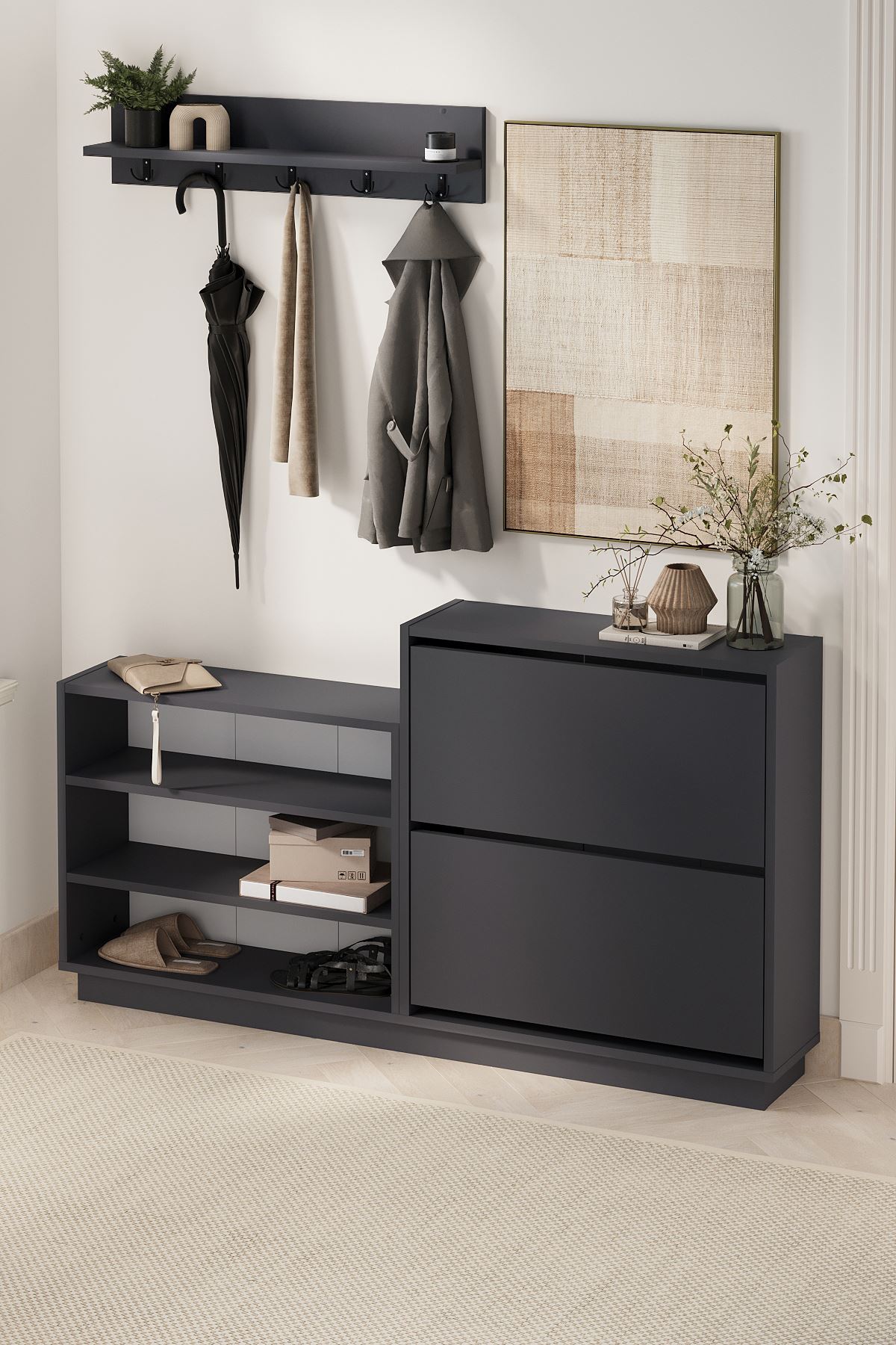 Bofigo Ayakkabılık ve Portmanto Askılık Seti Düşer Kapak Ayakkabılık Elbise Askılığı Serap & Vega Antrasit