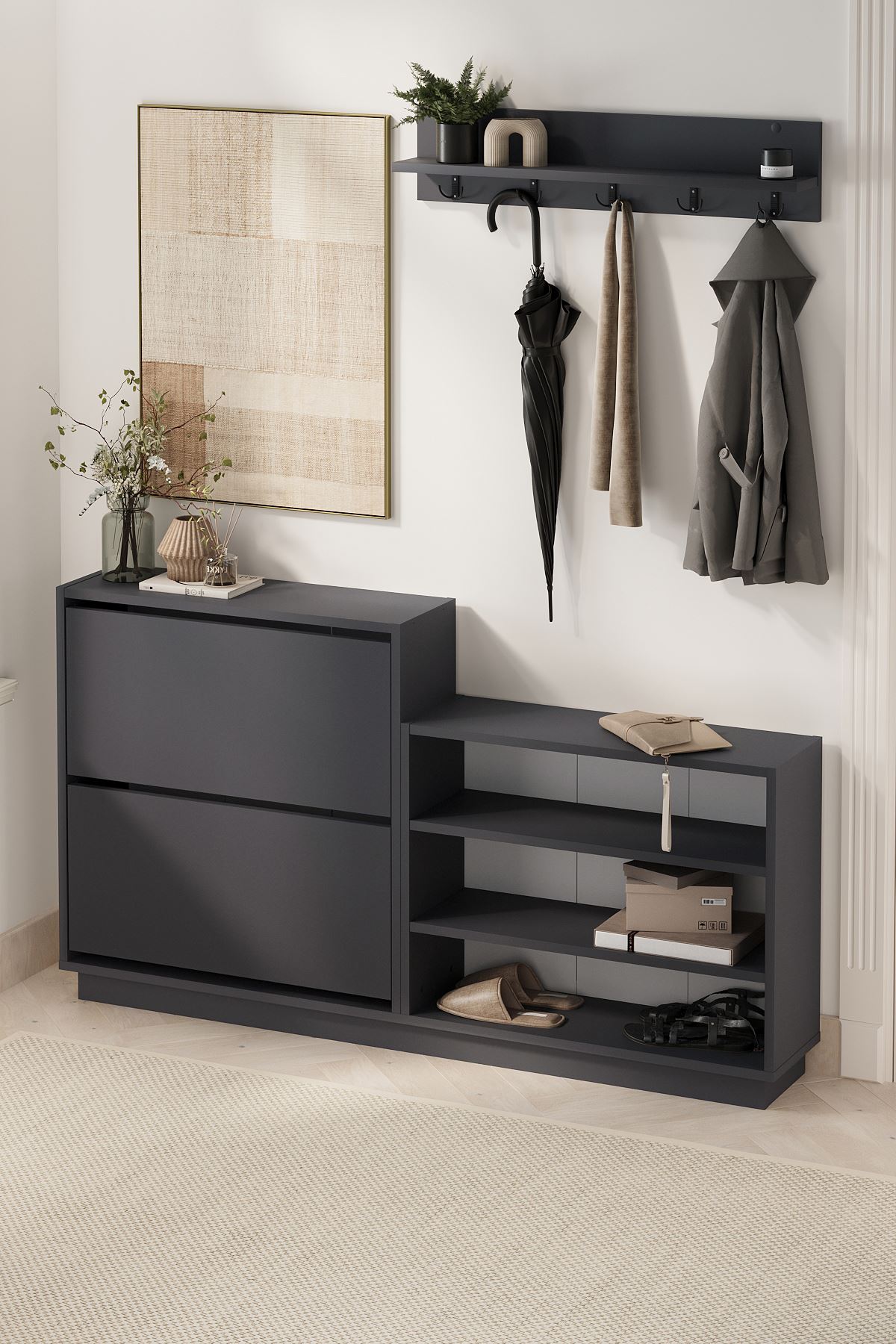 Bofigo Ayakkabılık ve Portmanto Askılık Seti Düşer Kapak Ayakkabılık Elbise Askılığı Serap & Vega Antrasit