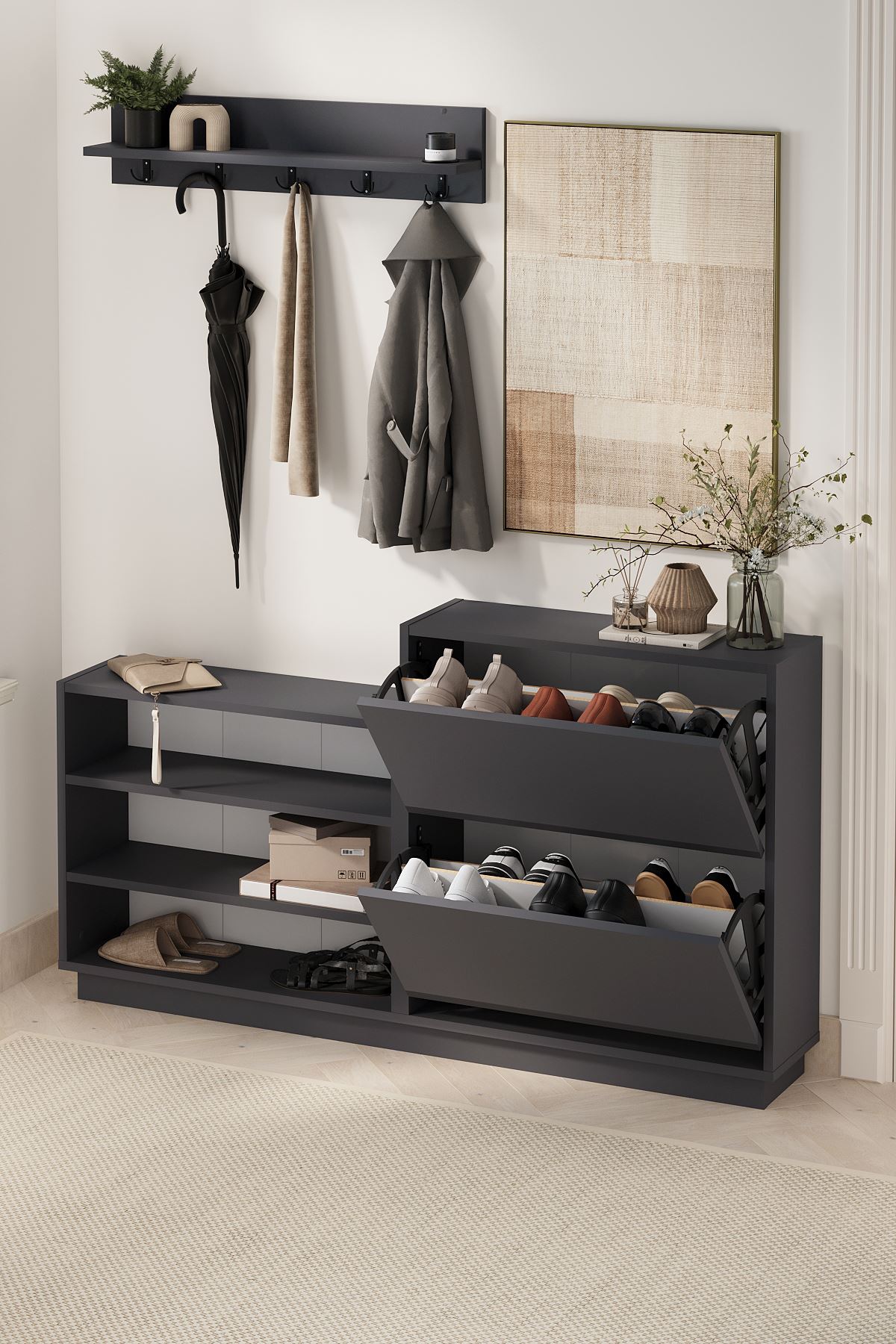 Bofigo Ayakkabılık ve Portmanto Askılık Seti Düşer Kapak Ayakkabılık Elbise Askılığı Serap & Vega Antrasit