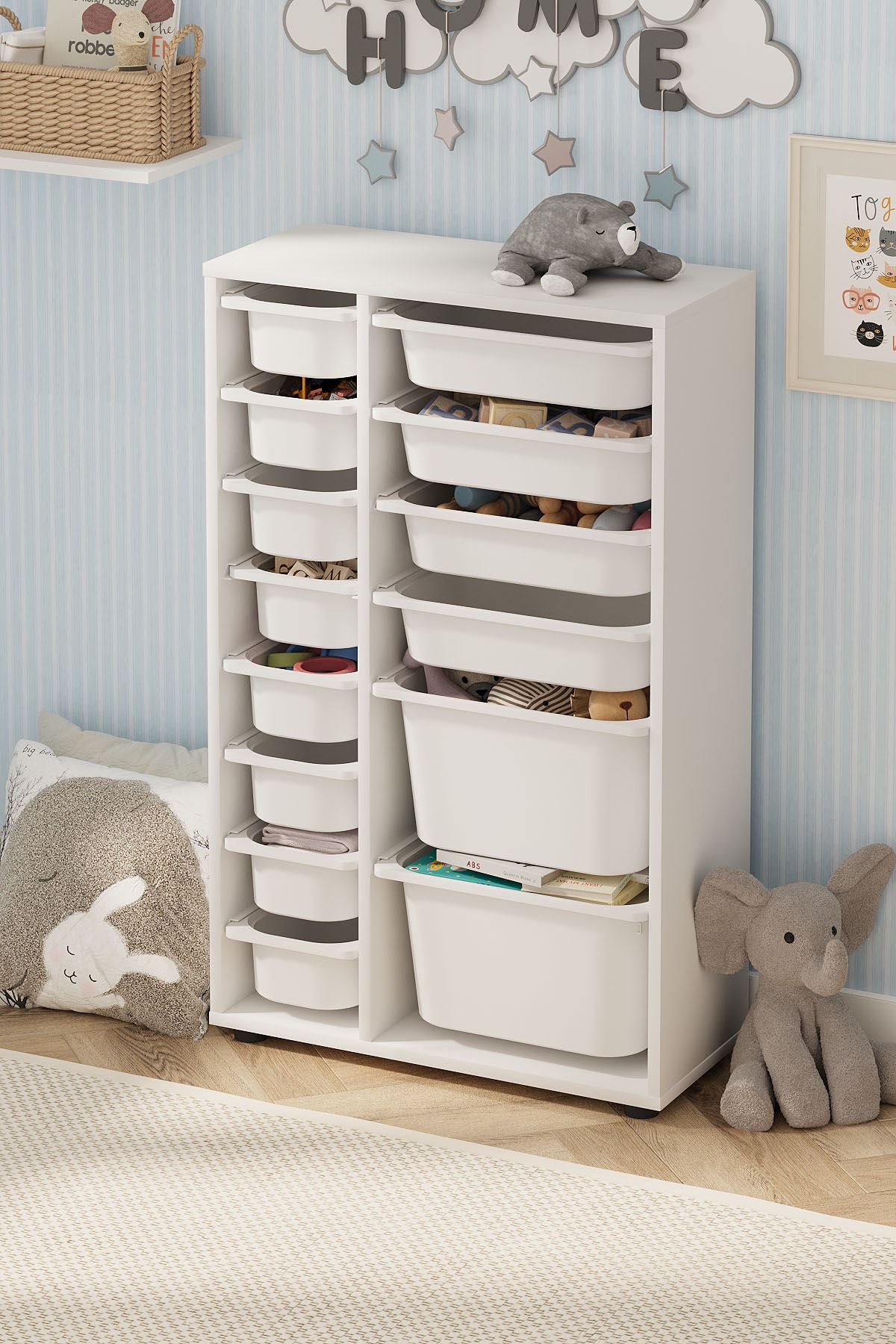 Bofigo 14 Sepetli Dolap Çok Amaçlı Dolap Oyuncak Dolabı Rüya Beyaz