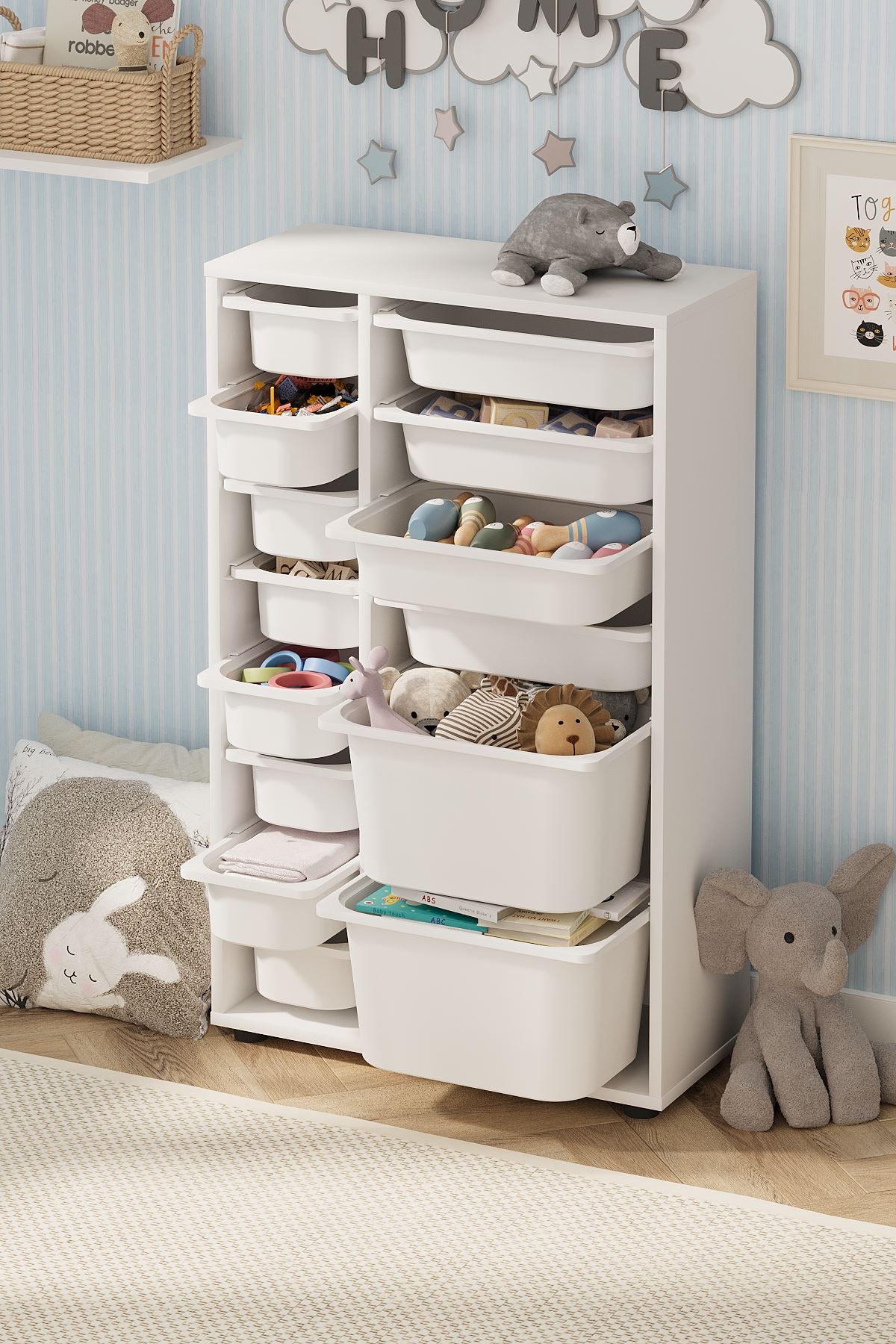 Bofigo 14 Sepetli Dolap Çok Amaçlı Dolap Oyuncak Dolabı Rüya Beyaz