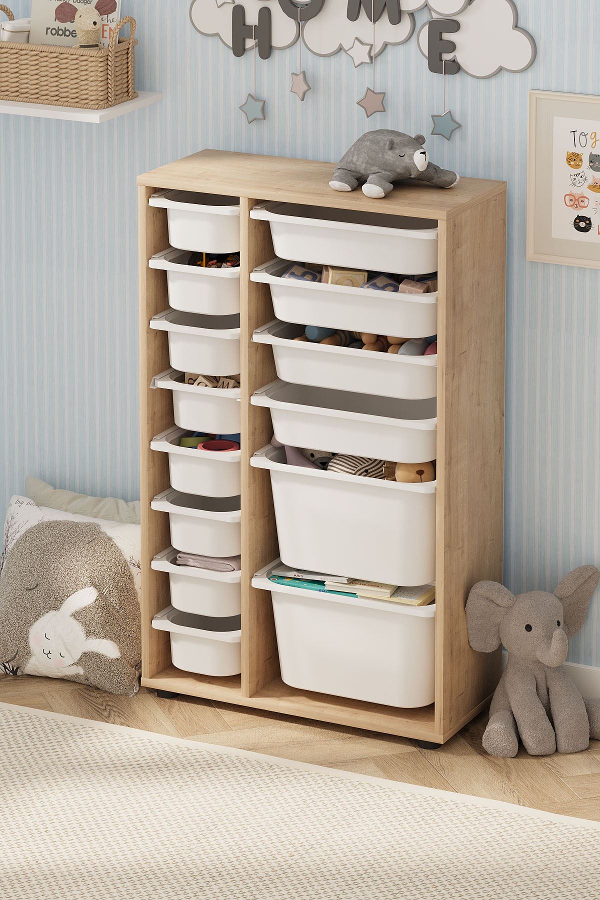 Bofigo 14 Sepetli Dolap Çok Amaçlı Dolap Oyuncak Dolabı Rüya Safir Meşe