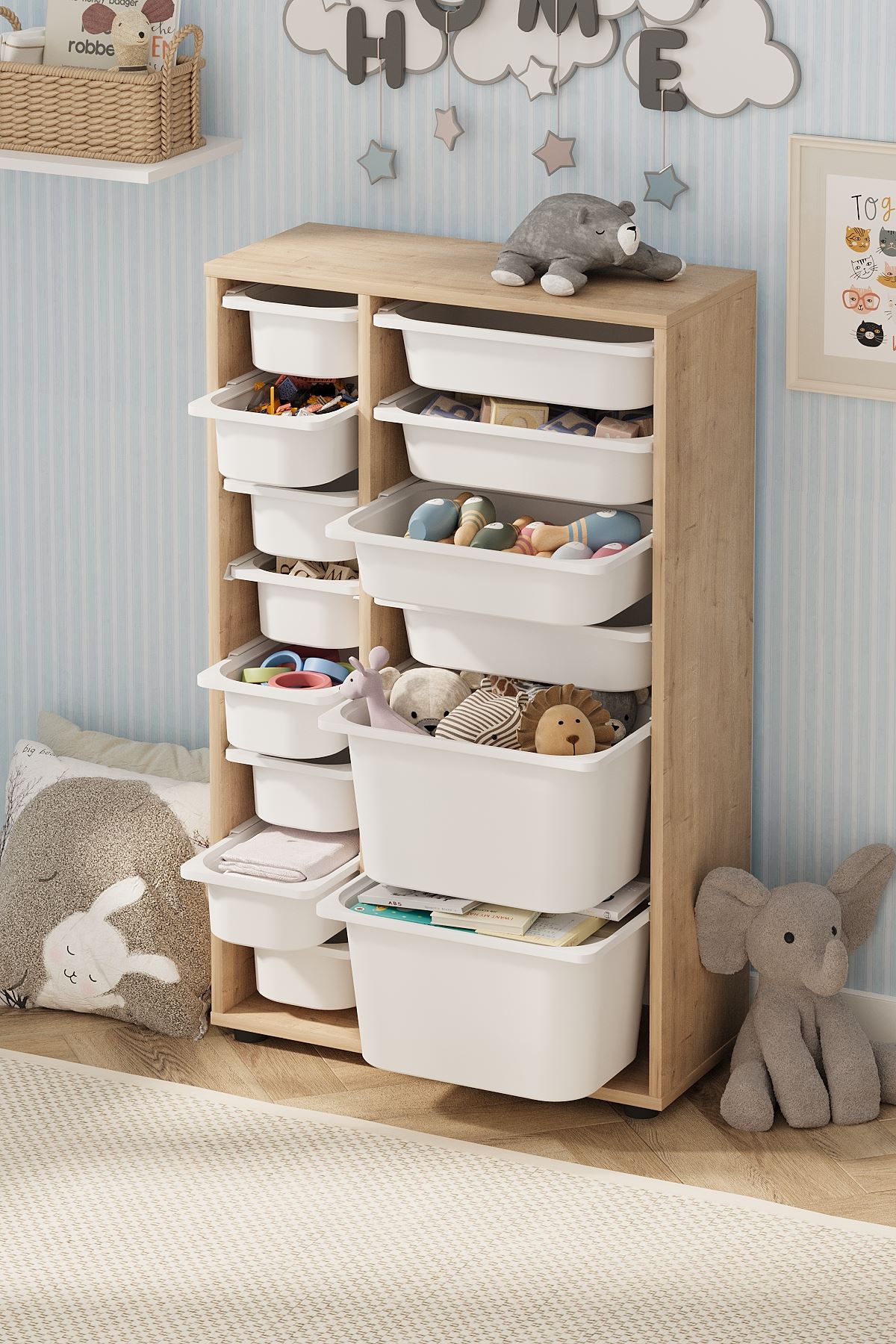 Bofigo 14 Sepetli Dolap Çok Amaçlı Dolap Oyuncak Dolabı Rüya Safir Meşe