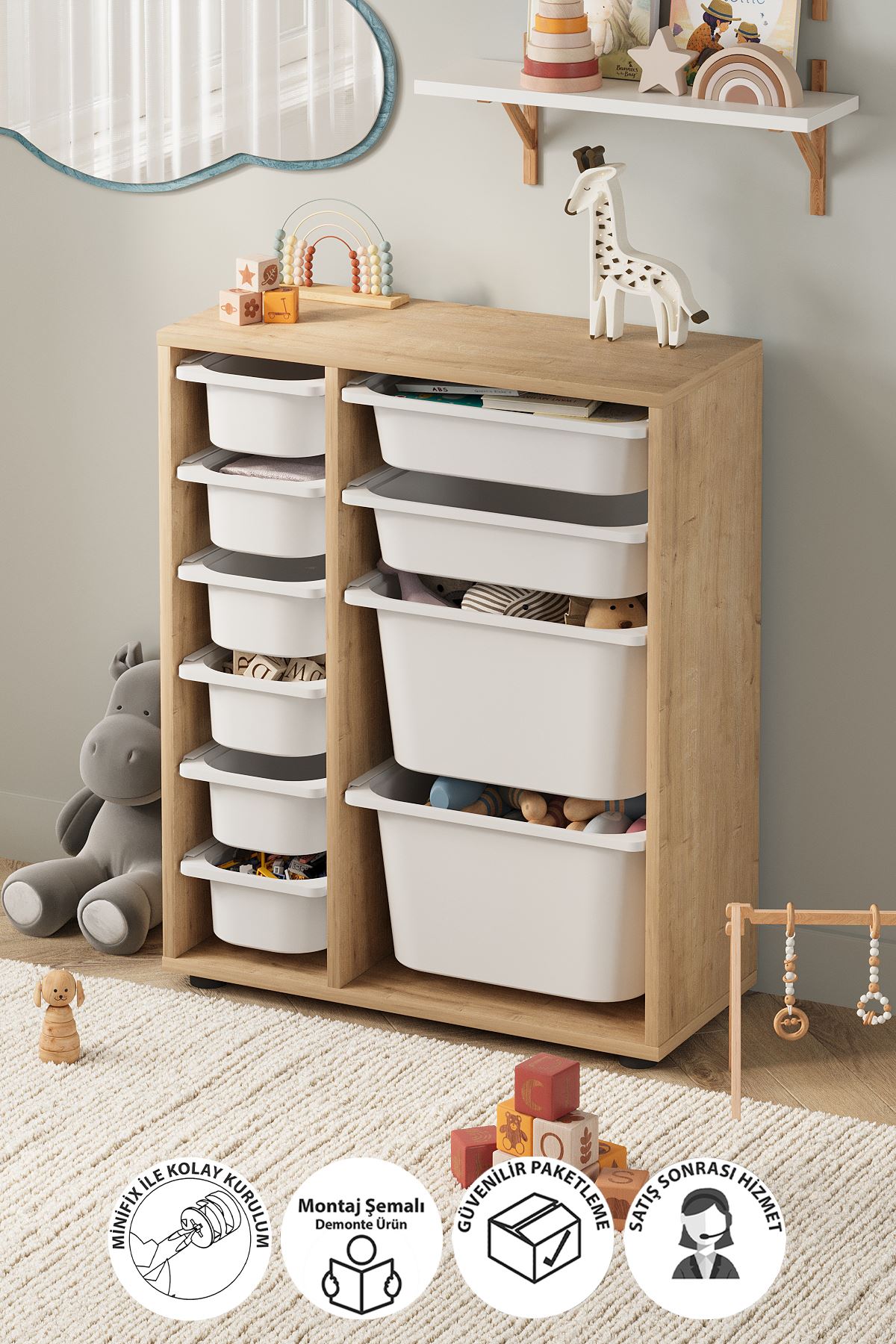 Bofigo 10 Sepetli Dolap Çok Amaçlı Dolap Oyuncak Dolabı Hülya Safir Meşe