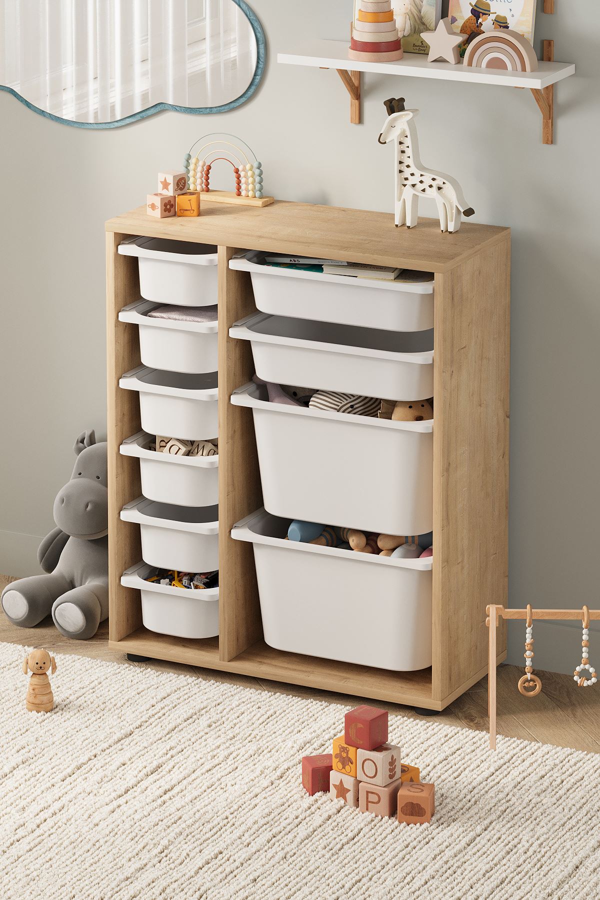 Bofigo 10 Sepetli Dolap Çok Amaçlı Dolap Oyuncak Dolabı Hülya Safir Meşe