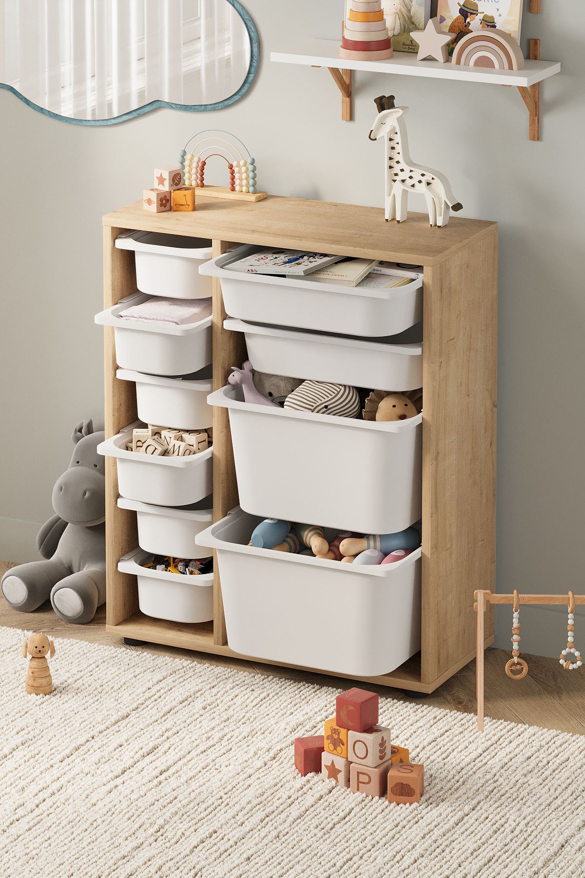 Bofigo 10 Sepetli Dolap Çok Amaçlı Dolap Oyuncak Dolabı Hülya Safir Meşe