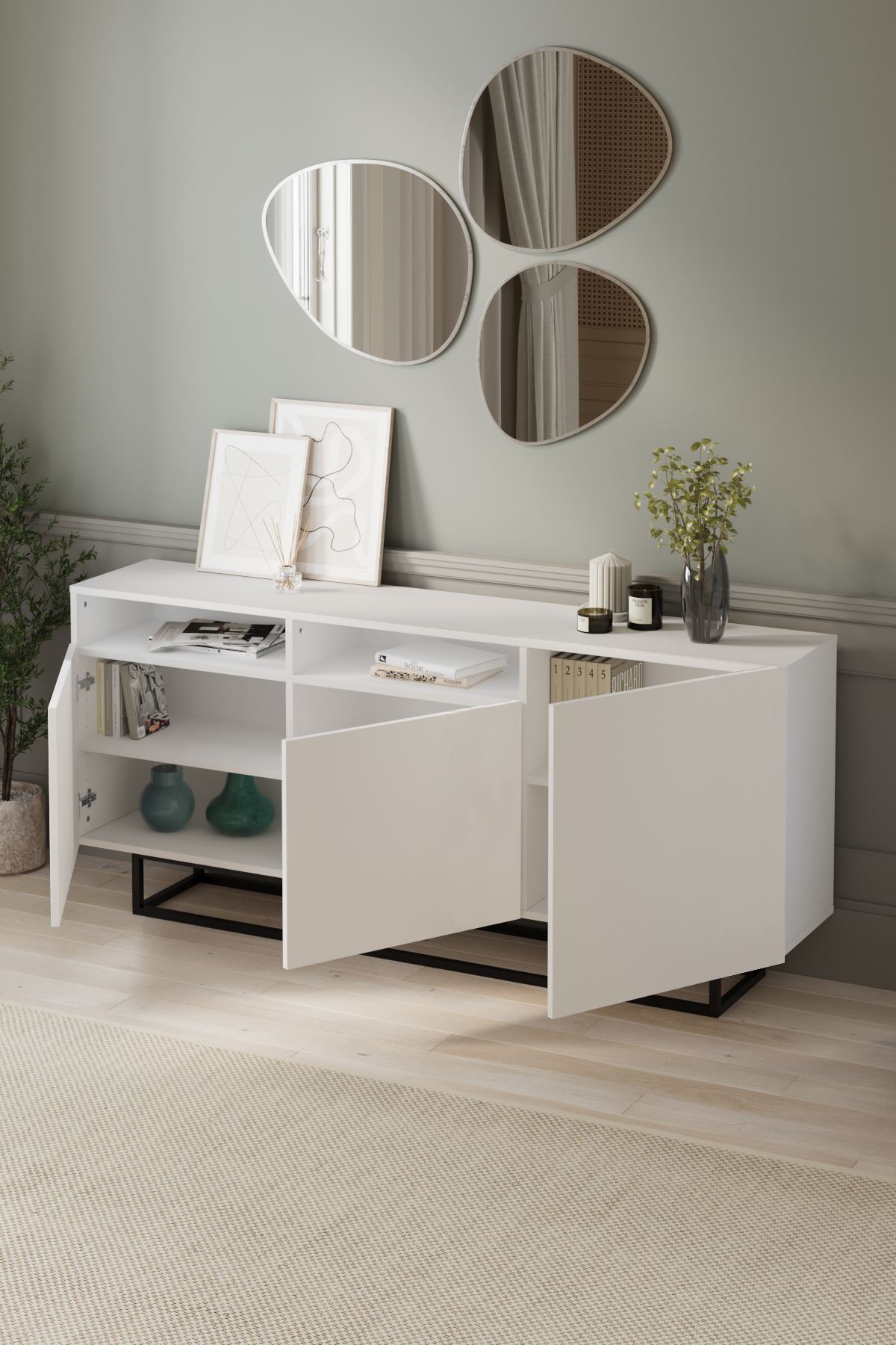 Bofigo 3 Kapaklı Konsol Metal Ayaklı 8 Bölmeli Tv Ünitesi Dresuar Çok Amaçlı Dolap 180 cm Aras Beyaz