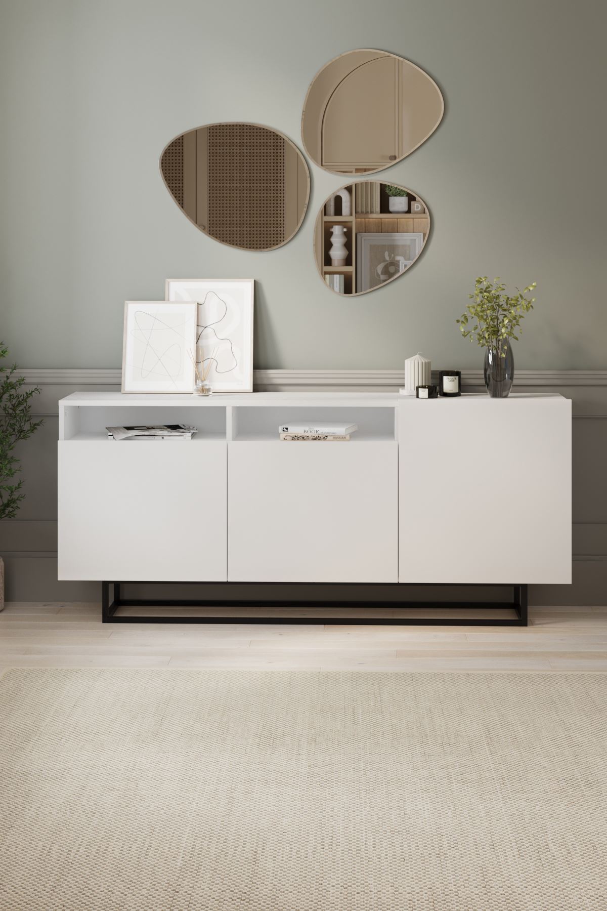 Bofigo 3 Kapaklı Konsol Metal Ayaklı 8 Bölmeli Tv Ünitesi Dresuar Çok Amaçlı Dolap 180 cm Aras Beyaz