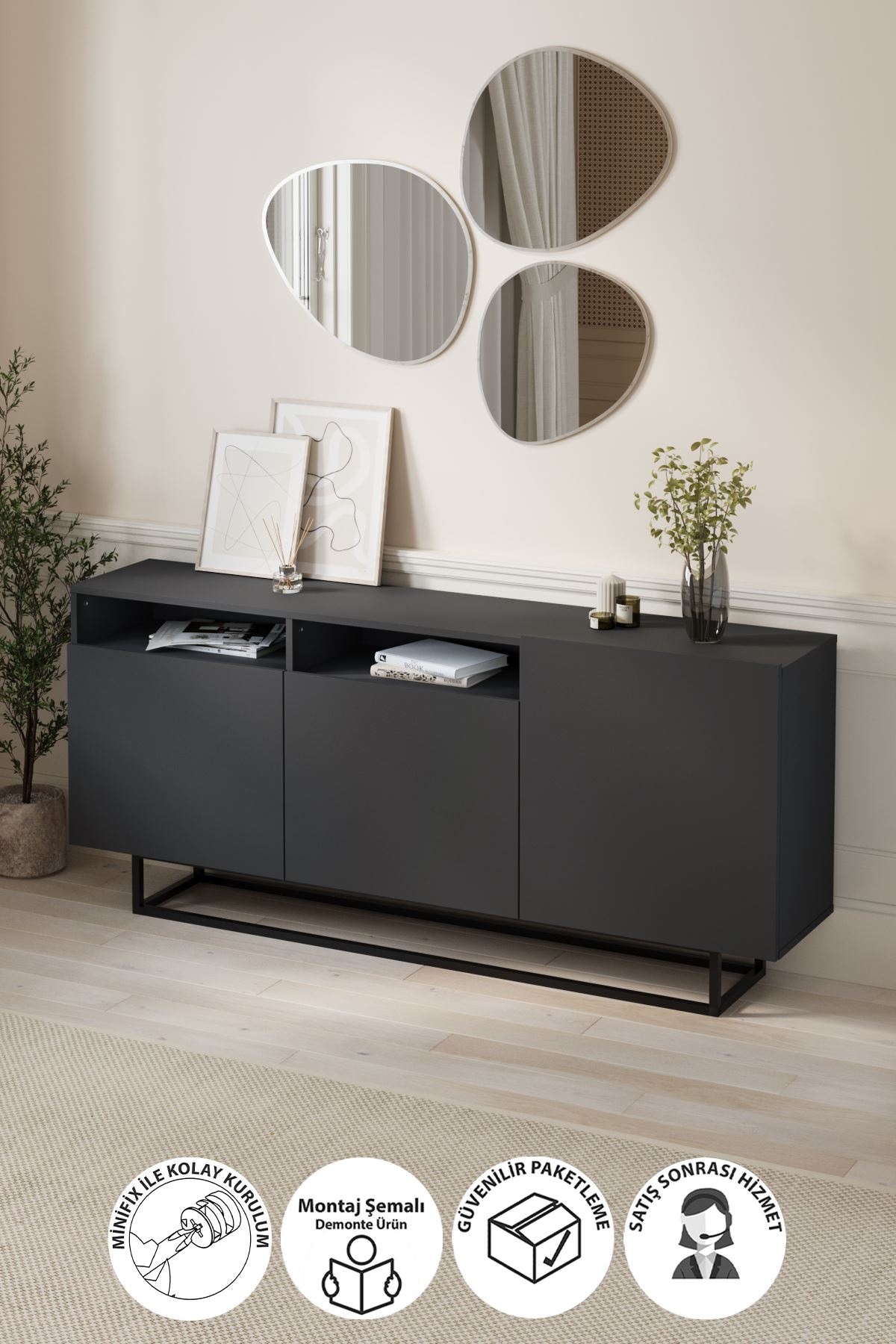 Bofigo 3 Kapaklı Konsol Metal Ayaklı 8 Bölmeli Tv Ünitesi Dresuar Çok Amaçlı Dolap 180 cm Aras Antrasit