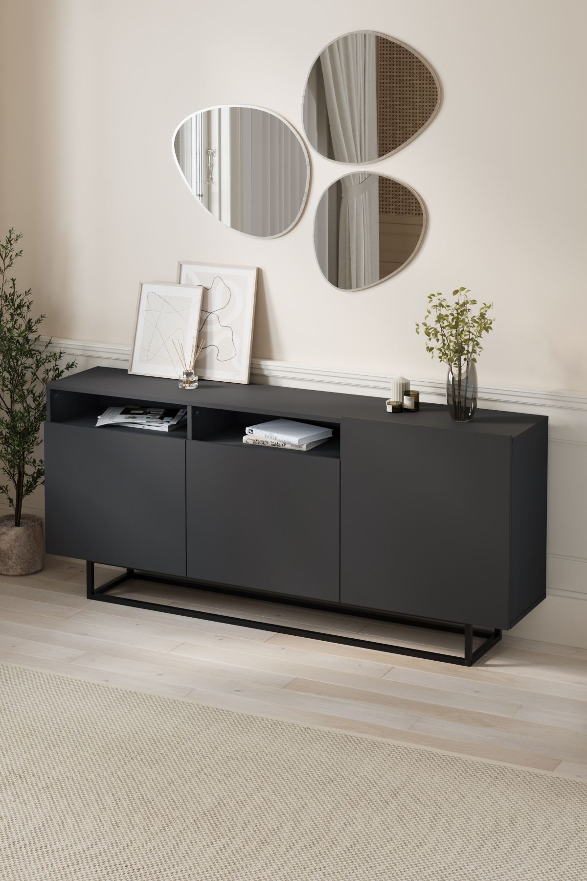 Bofigo 3 Kapaklı Konsol Metal Ayaklı 8 Bölmeli Tv Ünitesi Dresuar Çok Amaçlı Dolap 180 cm Aras Antrasit