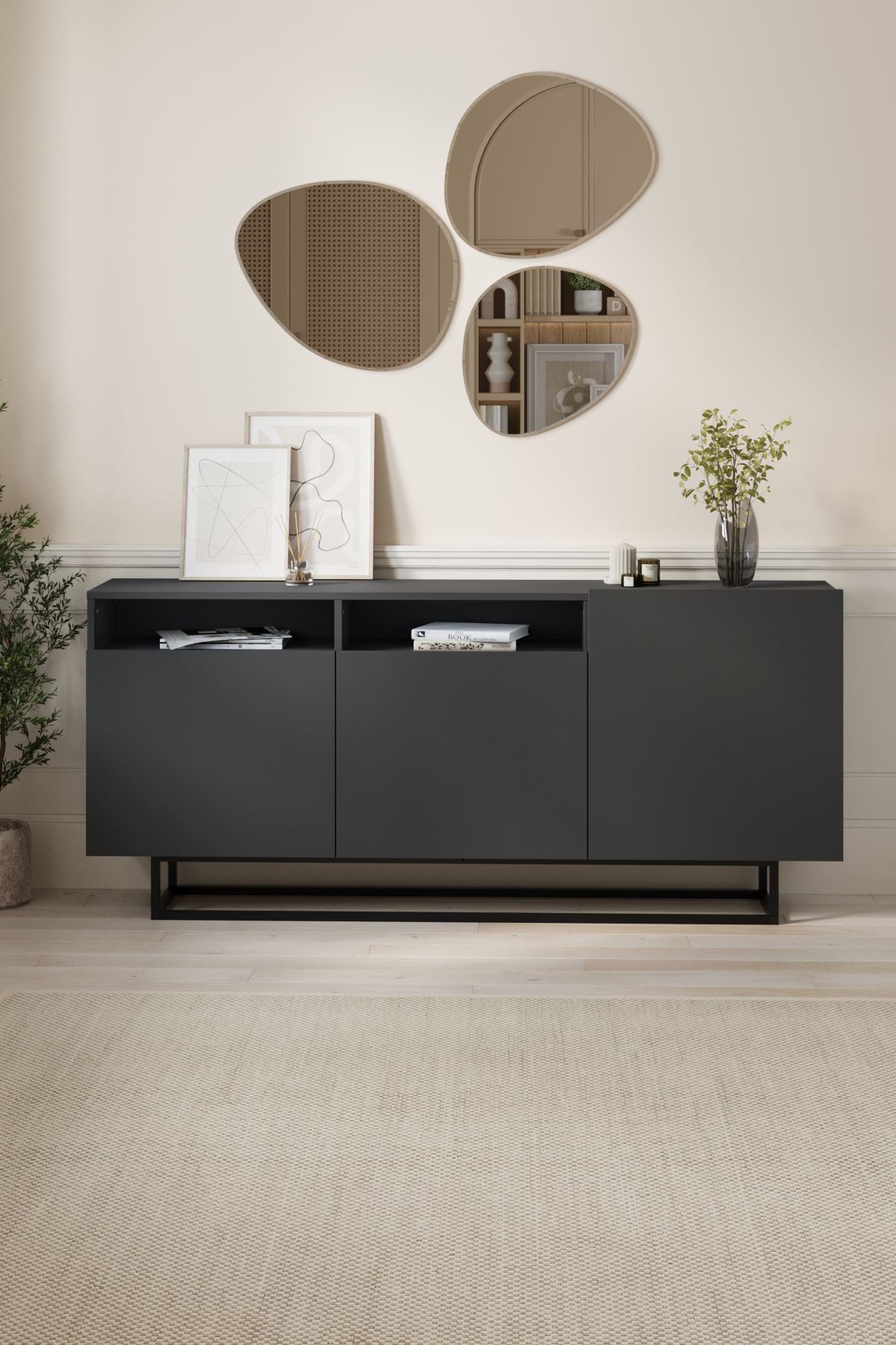 Bofigo 3 Kapaklı Konsol Metal Ayaklı 8 Bölmeli Tv Ünitesi Dresuar Çok Amaçlı Dolap 180 cm Aras Antrasit