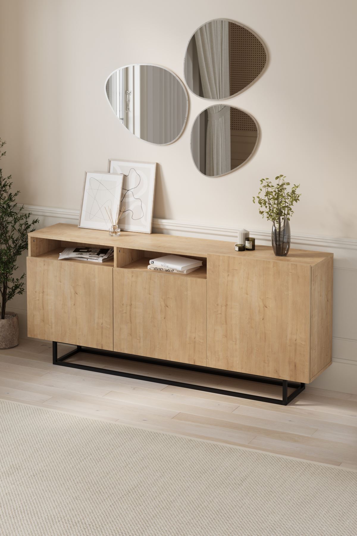 Bofigo 3 Kapaklı Konsol Metal Ayaklı 8 Bölmeli Tv Ünitesi Dresuar Çok Amaçlı Dolap 180 cm Aras Safir Meşe