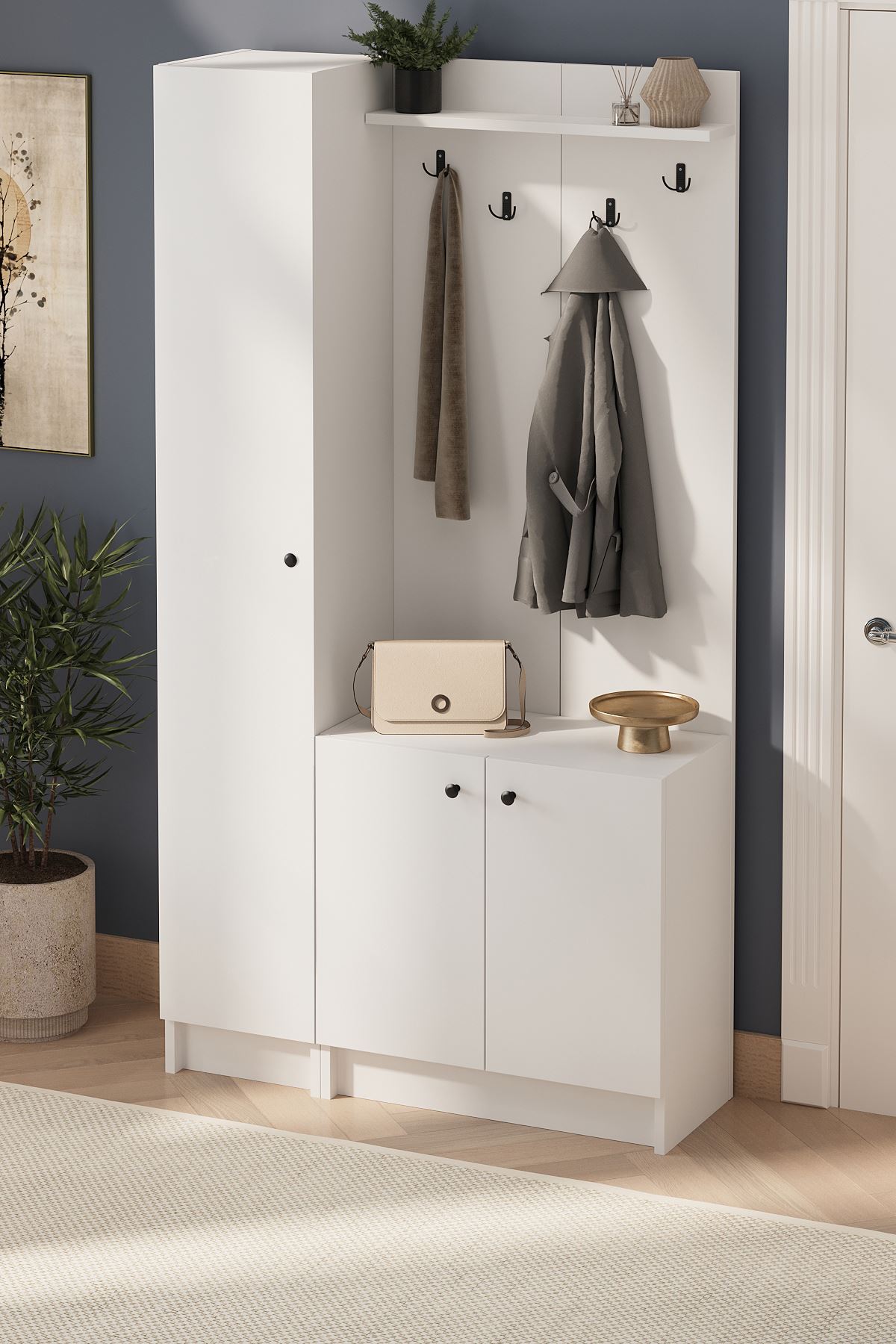 Bofigo 3 Kapaklı Portmanto Elbise Askılığı 7 Bölmeli Vestiyer Ayakkabılık Güneş Buketi Beyaz