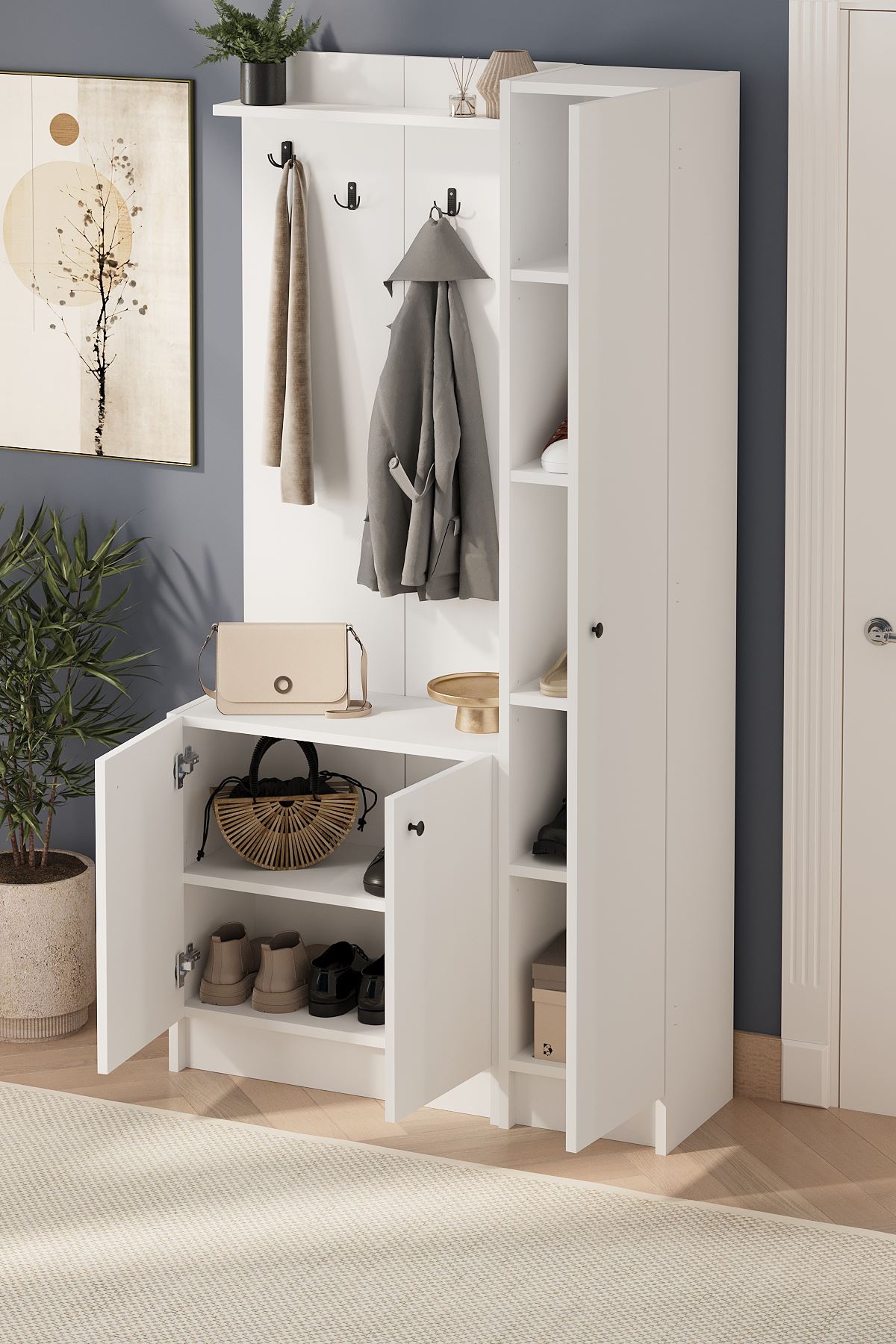 Bofigo 3 Kapaklı Portmanto Elbise Askılığı 7 Bölmeli Vestiyer Ayakkabılık Güneş Buketi Beyaz