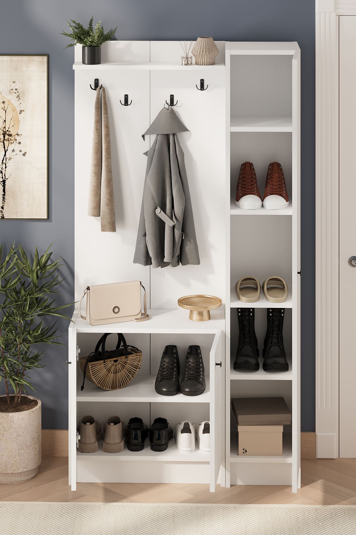 Bofigo 3 Kapaklı Portmanto Elbise Askılığı 7 Bölmeli Vestiyer Ayakkabılık Güneş Buketi Beyaz