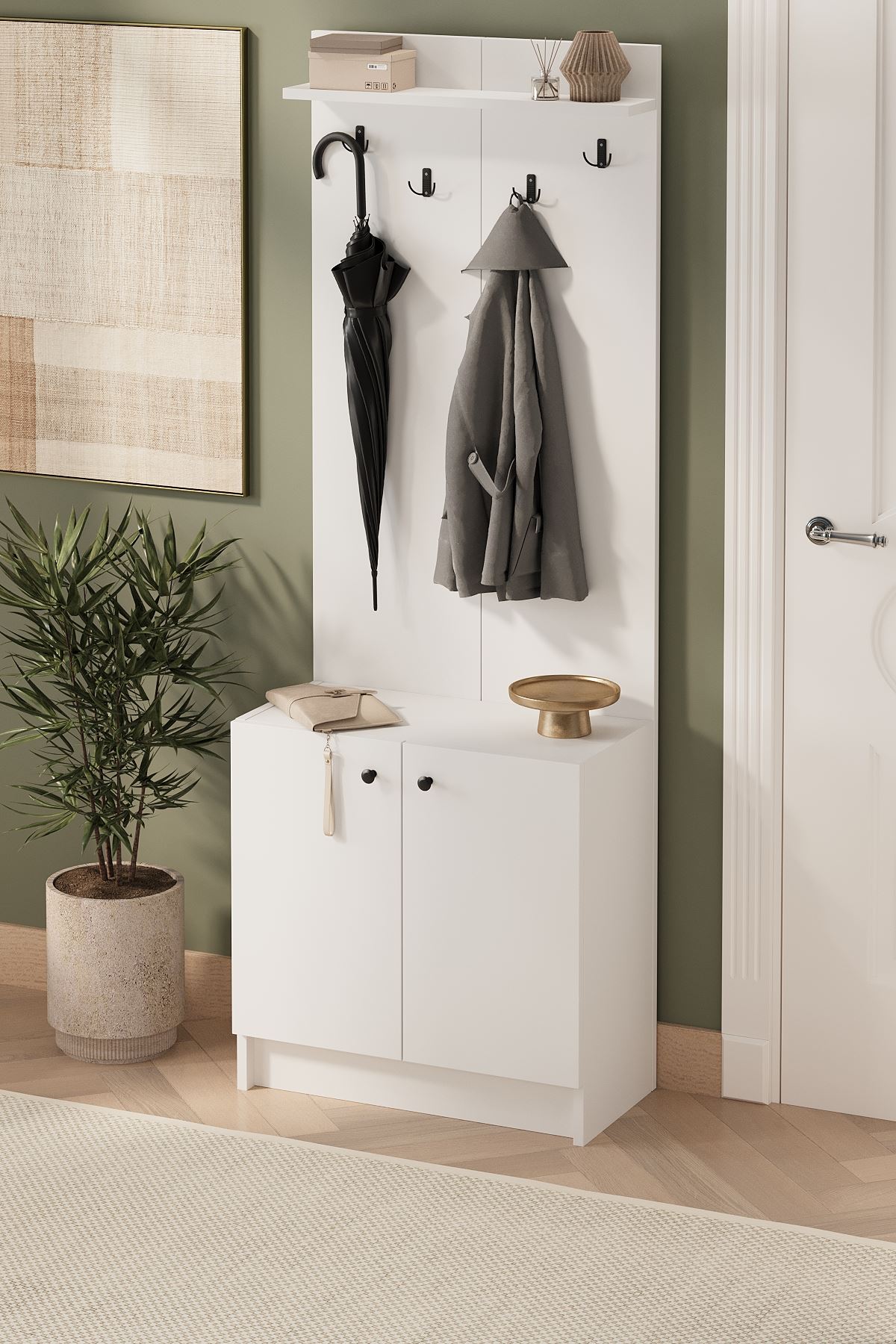 21-13-01 2-Door Hall Tree with Coat Rack and Shoe Cabinet WHITE