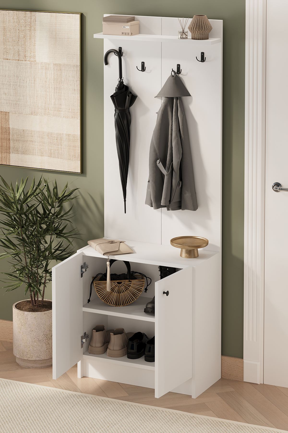 21-13-01 2-Door Hall Tree with Coat Rack and Shoe Cabinet WHITE
