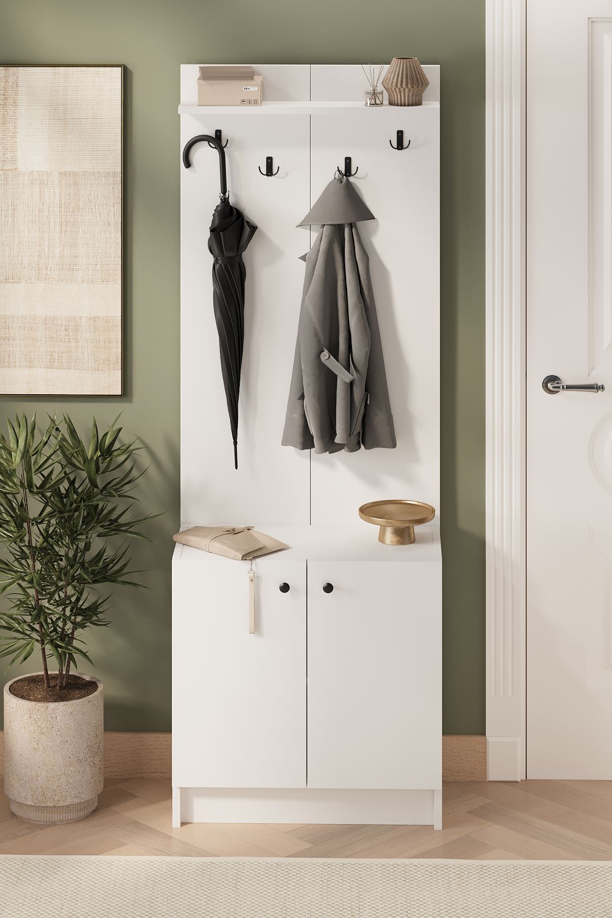21-13-01 2-Door Hall Tree with Coat Rack and Shoe Cabinet WHITE