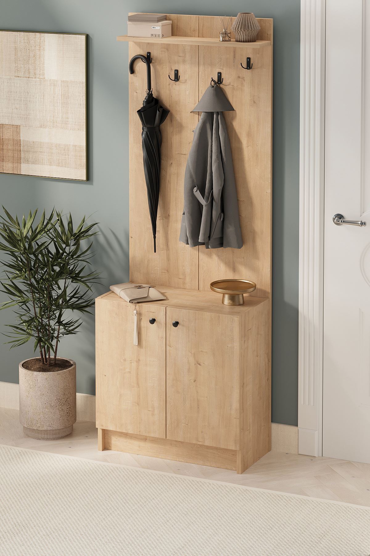 21-13-14 2-Door Hall Tree with Coat Rack and Shoe Cabinet SAPPHIRE OAK