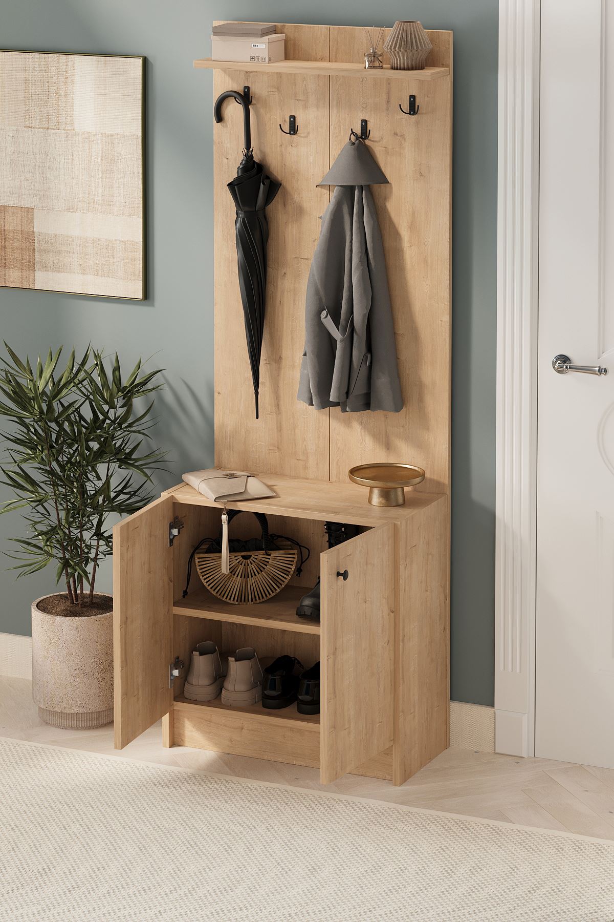 21-13-14 2-Door Hall Tree with Coat Rack and Shoe Cabinet SAPPHIRE OAK