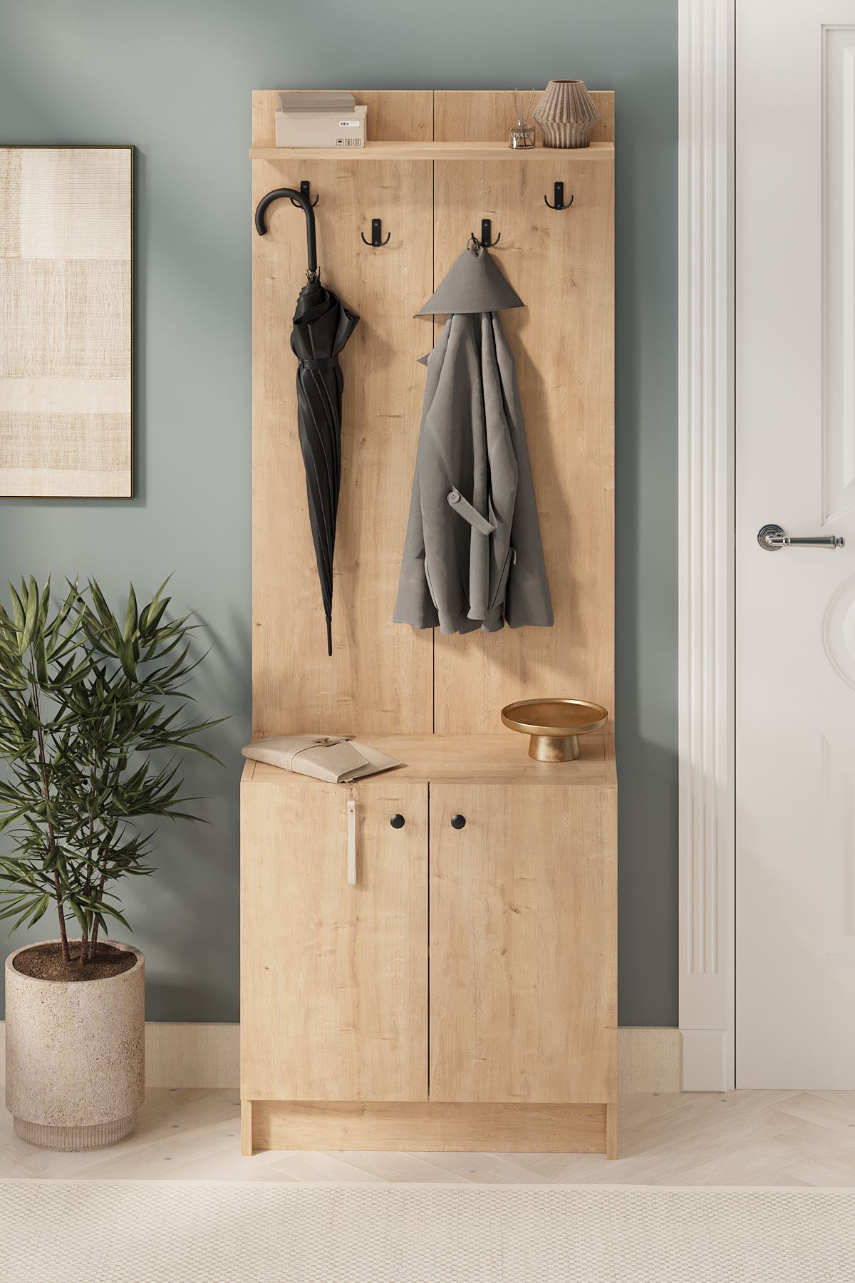21-13-14 2-Door Hall Tree with Coat Rack and Shoe Cabinet SAPPHIRE OAK
