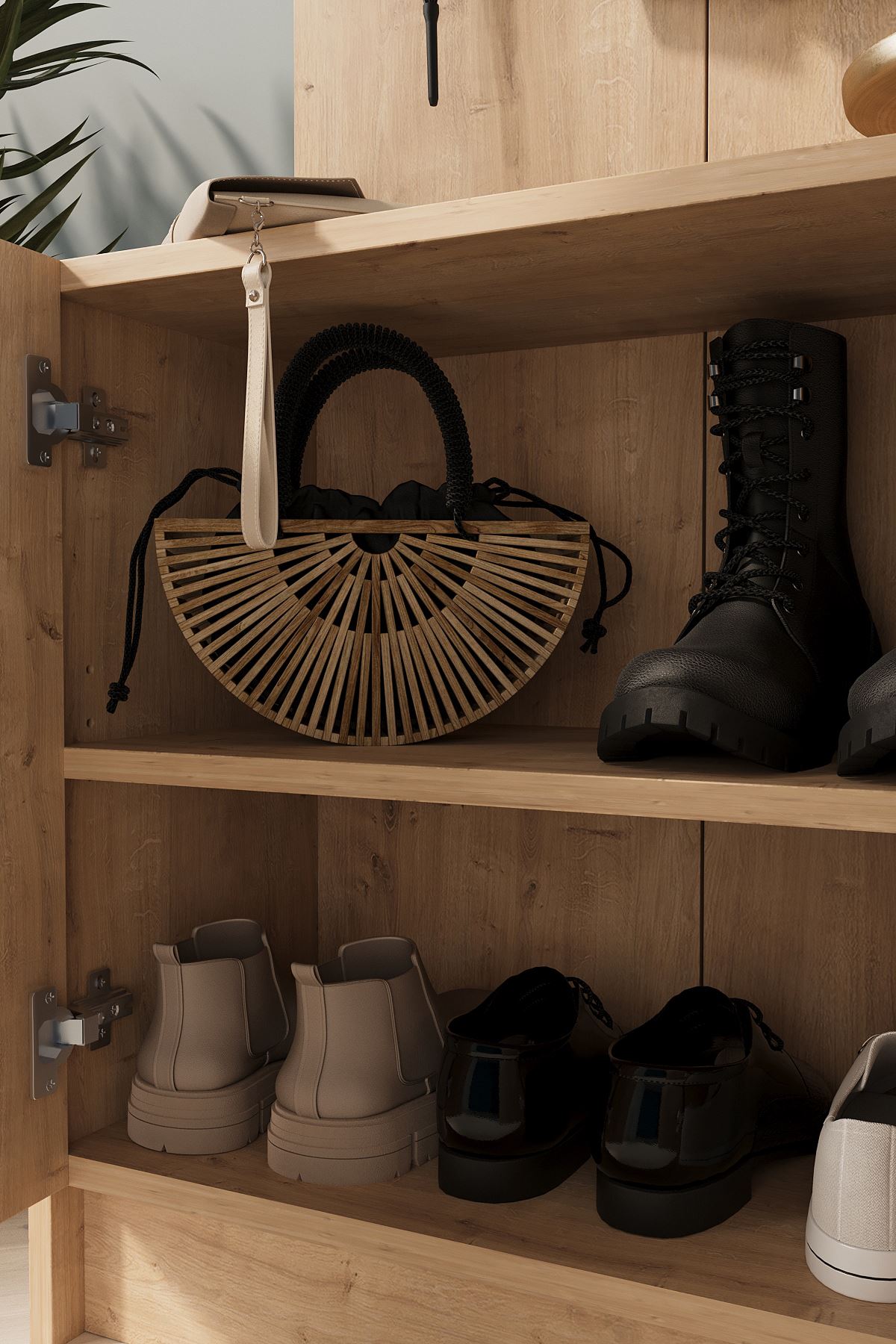 21-13-14 2-Door Hall Tree with Coat Rack and Shoe Cabinet SAPPHIRE OAK