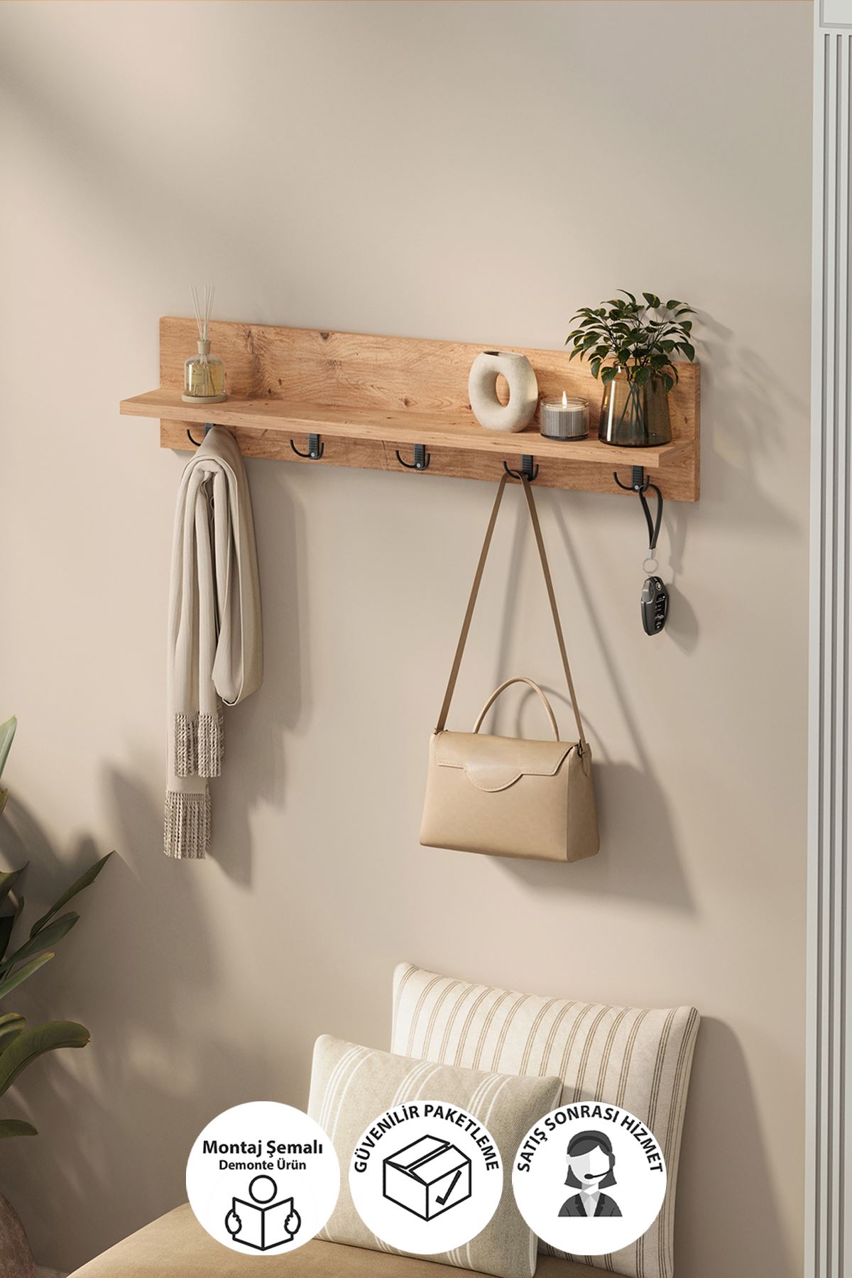 Bofigo Portmanto Duvar Askılığı Elbise Askılığı Vega Çam 80 Cm