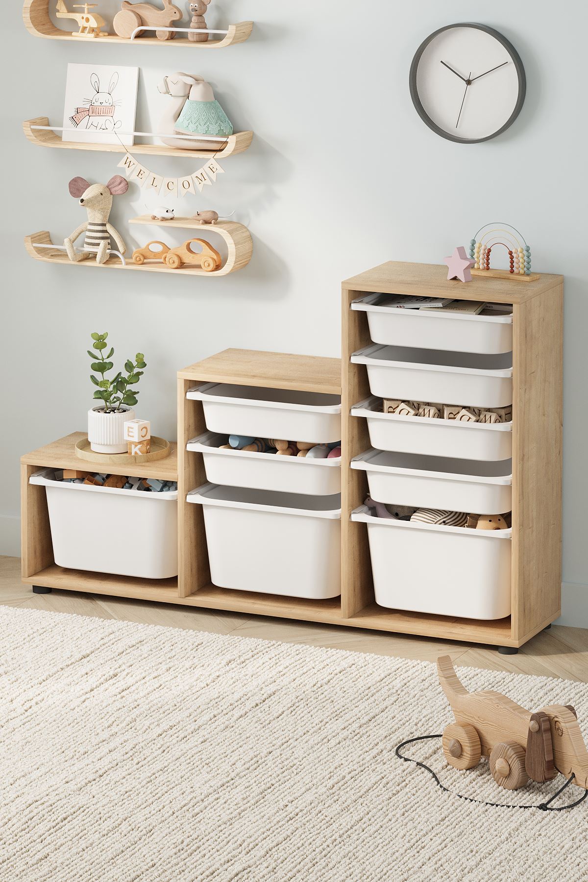 Bofigo 9 Sepetli Dolap Çok Amaçlı Dolap Oyuncak Dolabı Alara Safir Meşe