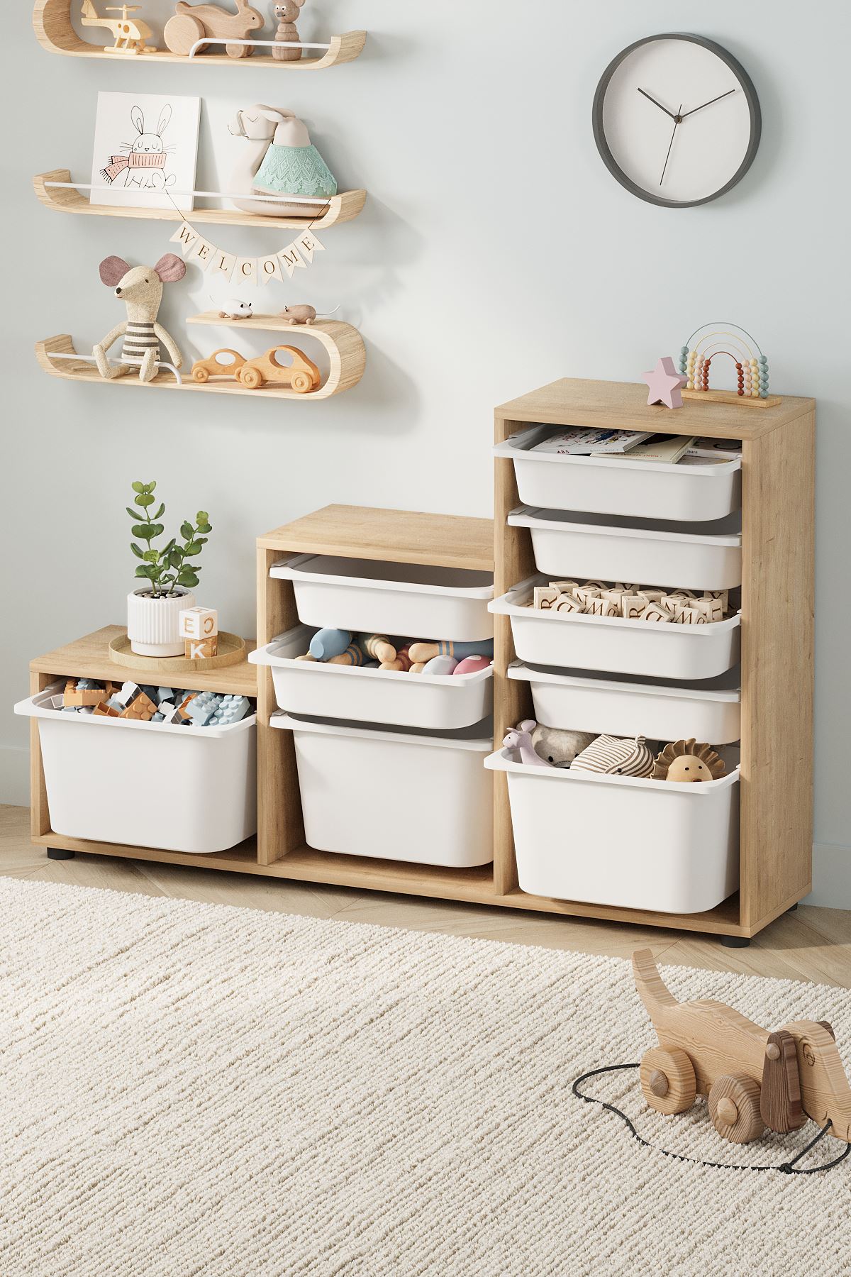 Bofigo 9 Sepetli Dolap Çok Amaçlı Dolap Oyuncak Dolabı Alara Safir Meşe