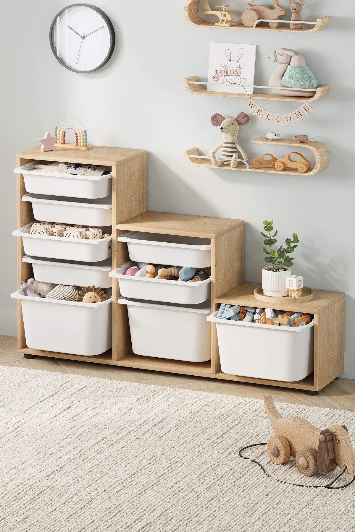 Bofigo 9 Sepetli Dolap Çok Amaçlı Dolap Oyuncak Dolabı Alara Safir Meşe