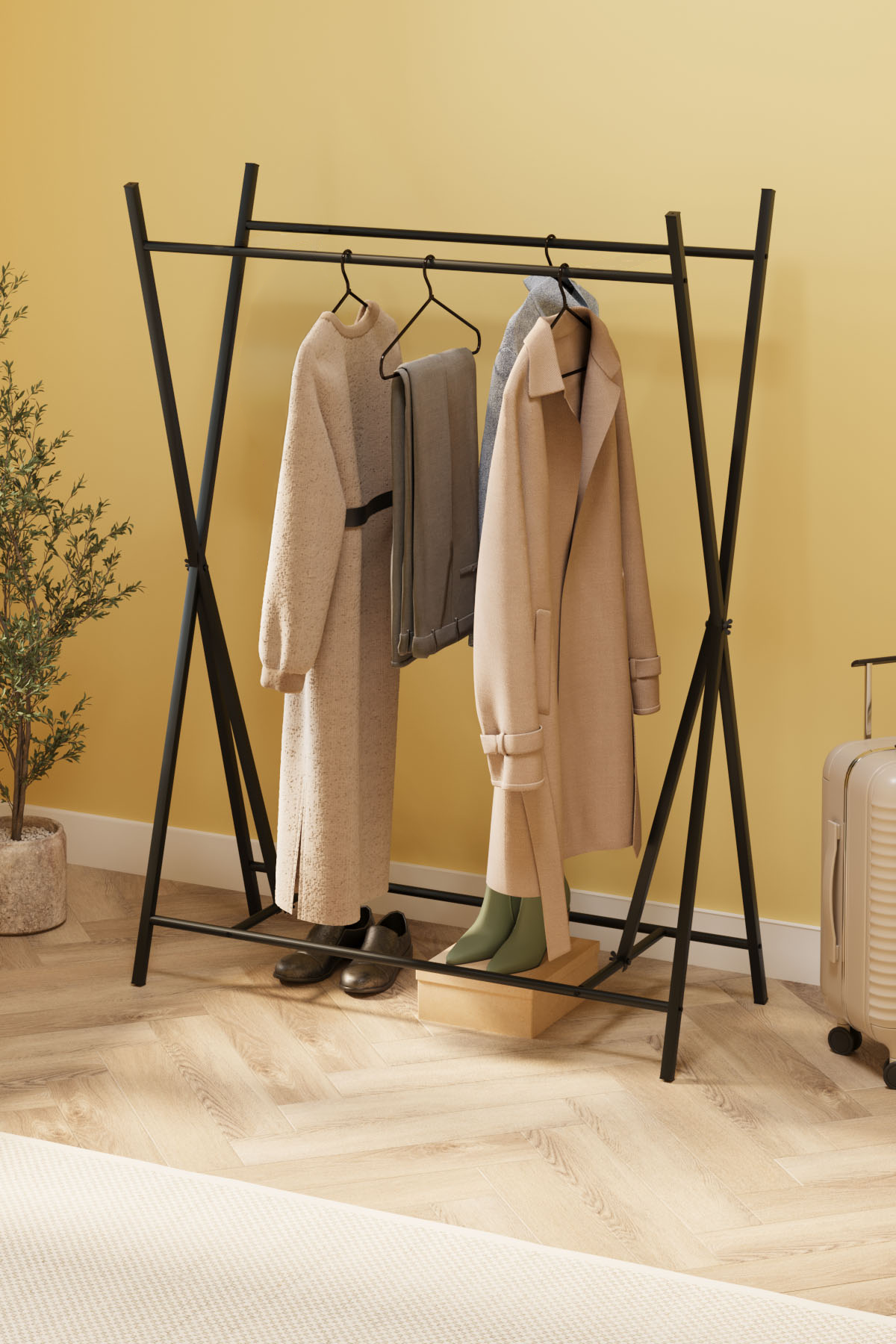 Bofigo Konfeksiyon Askısı Ayaklı Askılık Elbise Askılığı Raflı Askılık Star Siyah